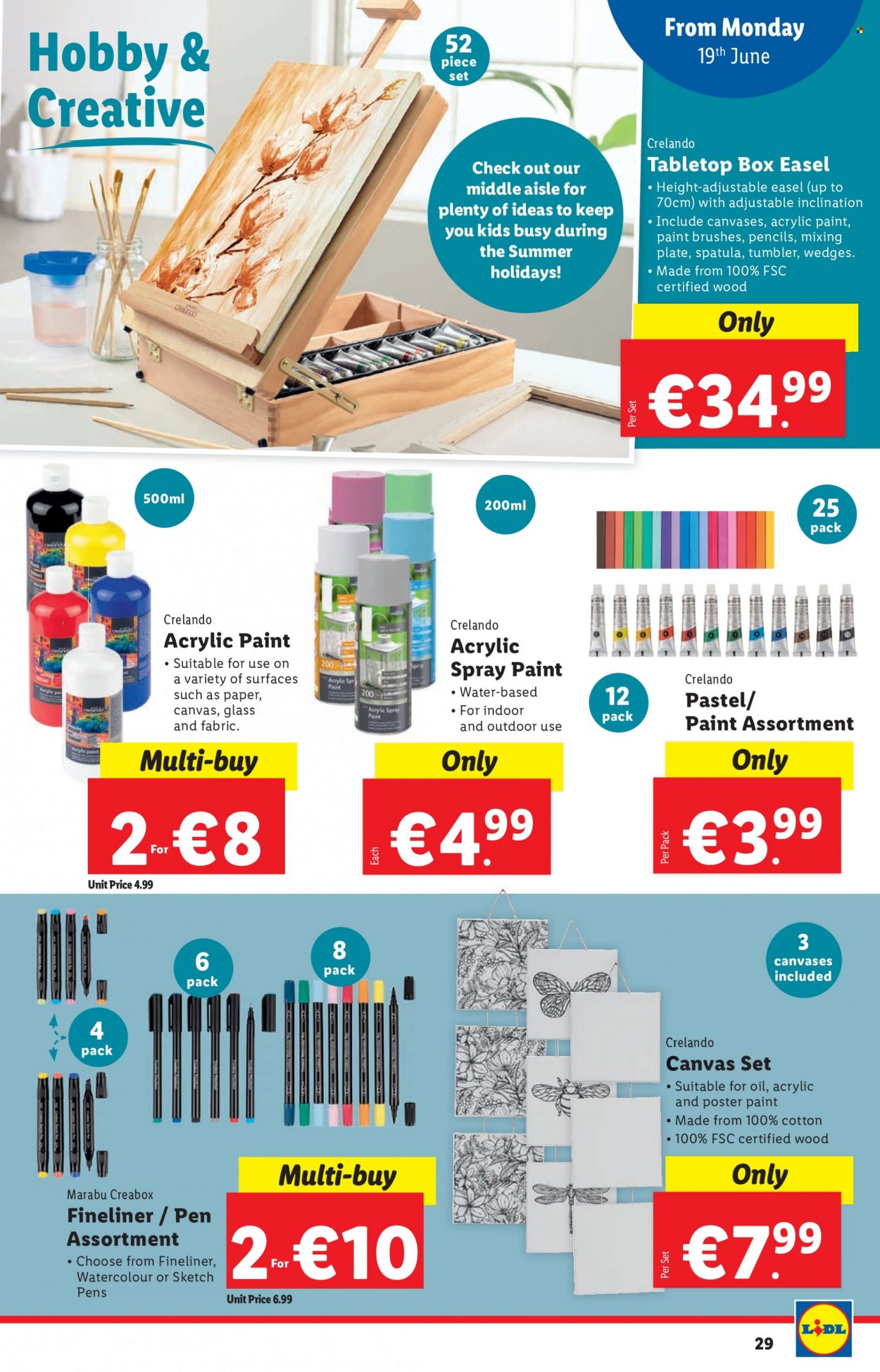 thumbnail - Lidl offer  - 15.06.2023 - 21.06.2023 - Sales products - acrylic paint, spray paint, chalks, tempera colour, painting kit, pen, canvas. Page 29.