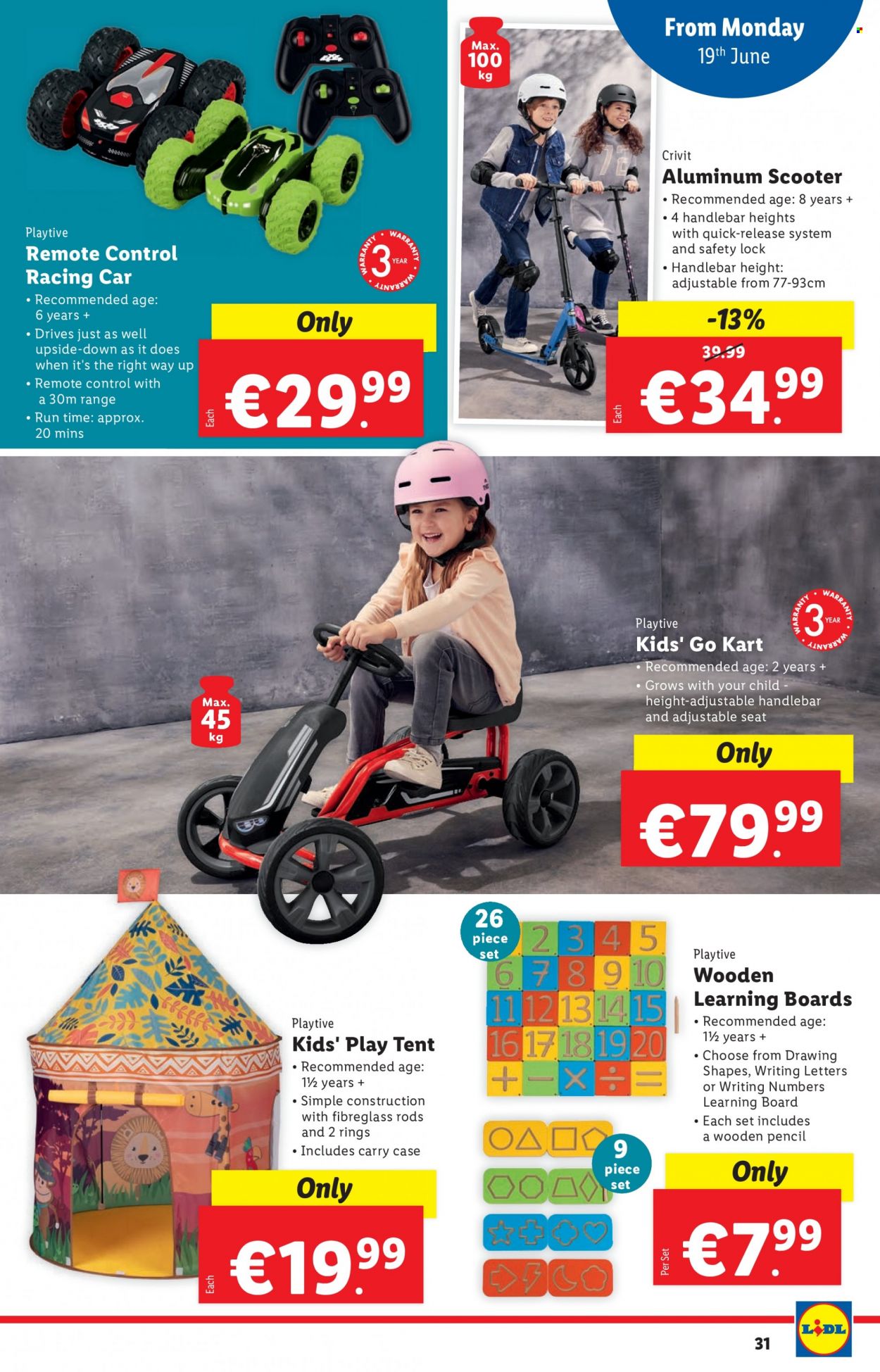 thumbnail - Lidl offer  - 15.06.2023 - 21.06.2023 - Sales products - control cars, Crivit, kids scooter, children's pedal, play tent, learning boards. Page 31.