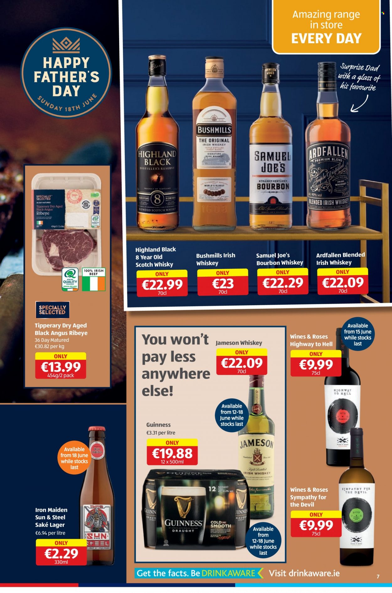 thumbnail - Aldi offer  - 15.06.2023 - 21.06.2023 - Sales products - bourbon, sake, whiskey, irish whiskey, Jameson, bourbon whiskey, scotch whisky, whisky, beer, Guinness, Lager, rose. Page 7.