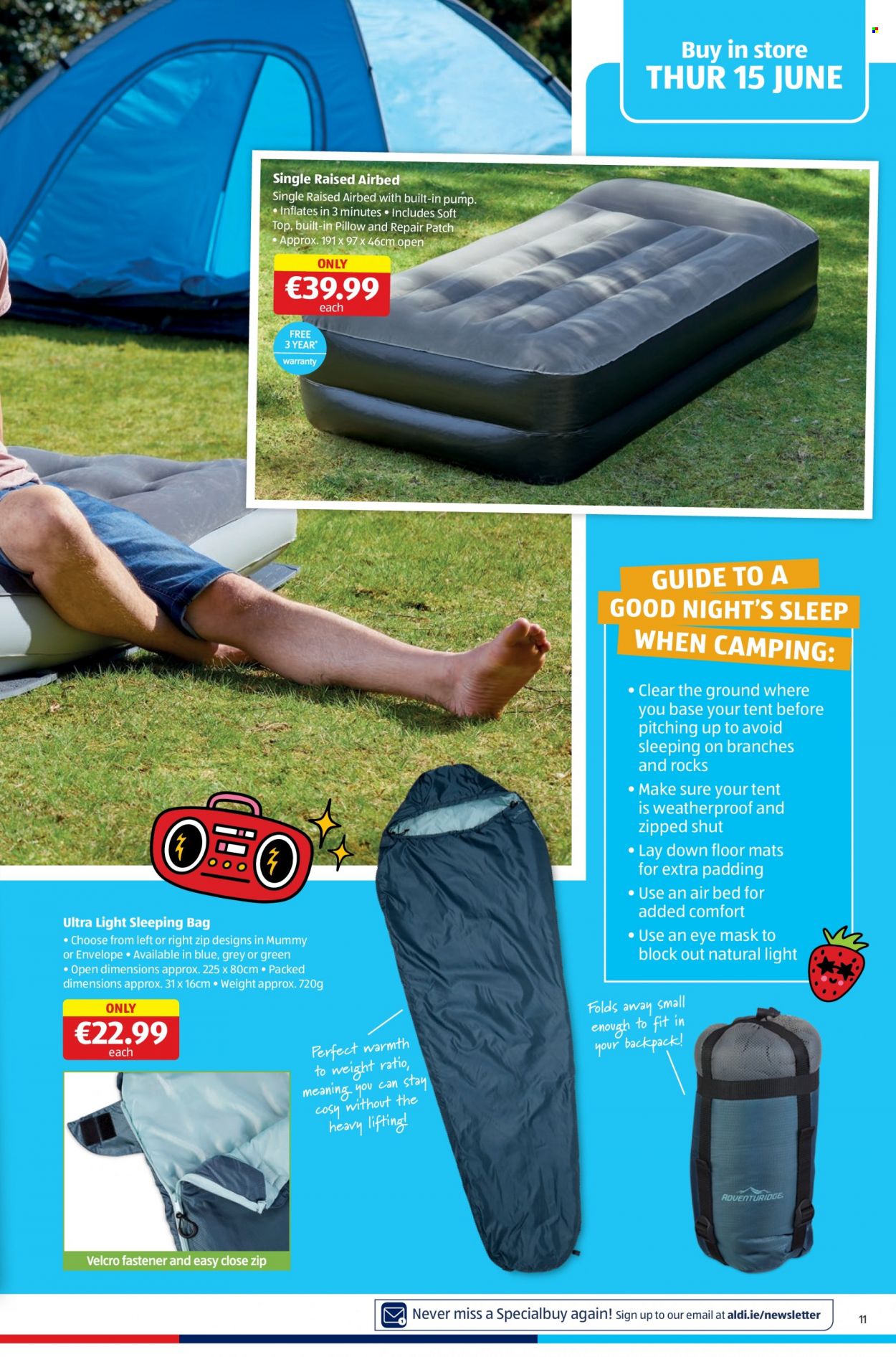 thumbnail - Aldi offer  - 15.06.2023 - 21.06.2023 - Sales products - envelope, pillow, airbed, floor mat, sleeping bag, tent. Page 11.
