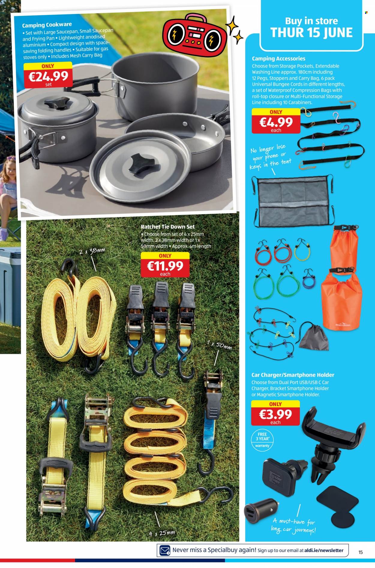 thumbnail - Aldi offer  - 15.06.2023 - 21.06.2023 - Sales products - holder, cookware set, pan, saucepan, carry bag, hand tools, bungee cords, tent, camping accessories. Page 15.
