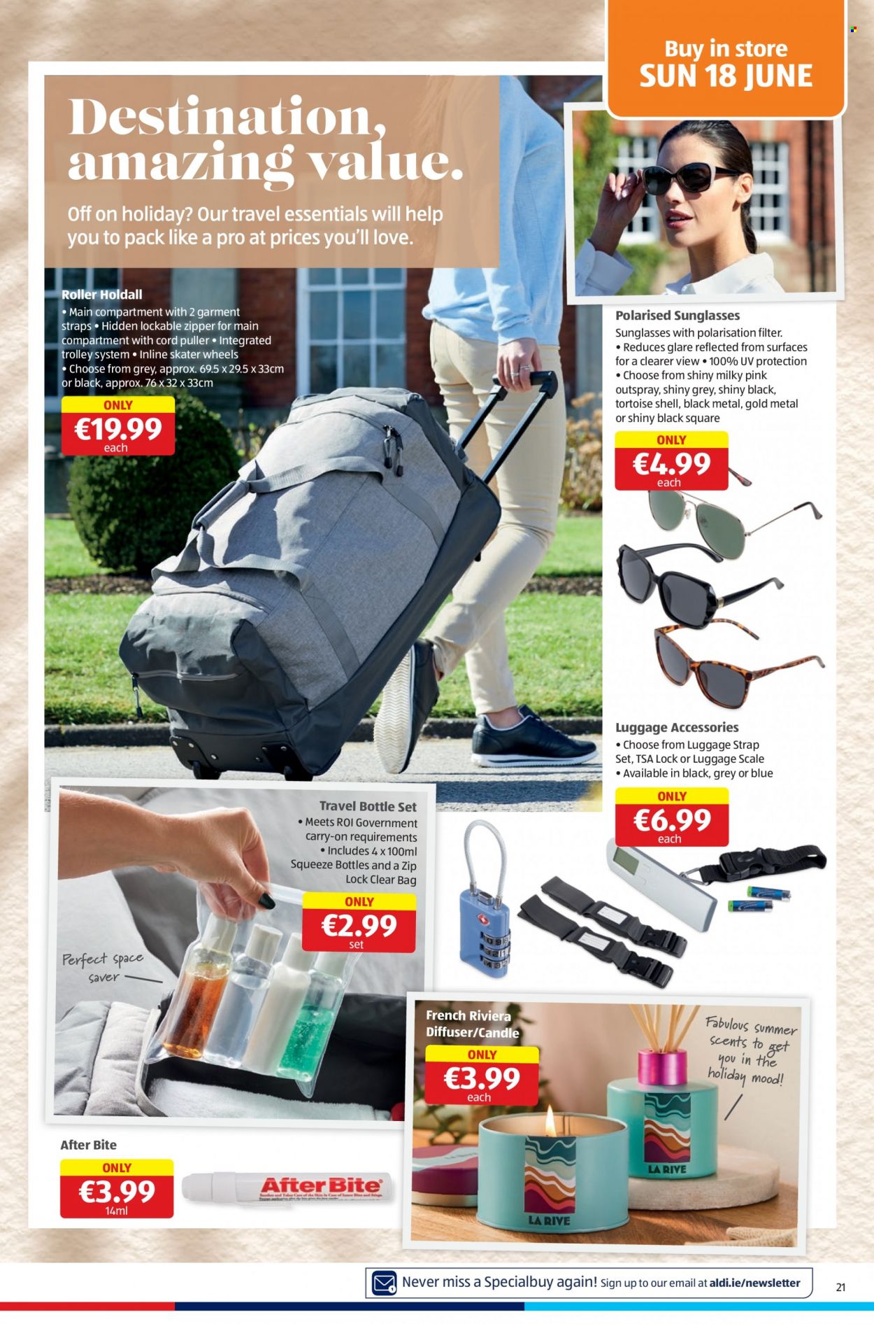 thumbnail - Aldi offer  - 15.06.2023 - 21.06.2023 - Sales products - scale, bag, luggage scale, trolley, travel bottle, candle, diffuser, roller, sunglasses, strap. Page 21.
