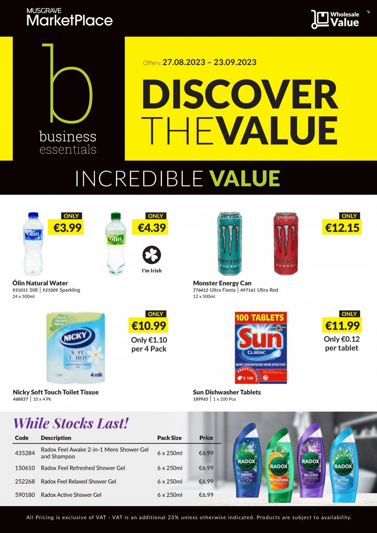 MUSGRAVE Market Place offer  - 27.08.2023 - 23.09.2023 - Sales products - Monster, Monster Energy, toilet paper, toilet tissue, dishwasher tablets, shampoo, shower gel, Radox, paper. Page 1.