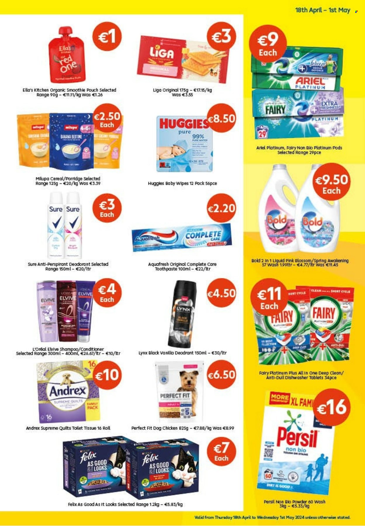 thumbnail - Centra offer  - 18.04.2024 - 01.05.2024 - Sales products - Blossom, cereals, porridge, purified water, wipes, Huggies, baby wipes, toilet paper, Fairy, Persil, Ariel, dishwasher tablets, shampoo, toothpaste, L’Oréal, conditioner, anti-perspirant, Sure, deodorant, Felix. Page 3.