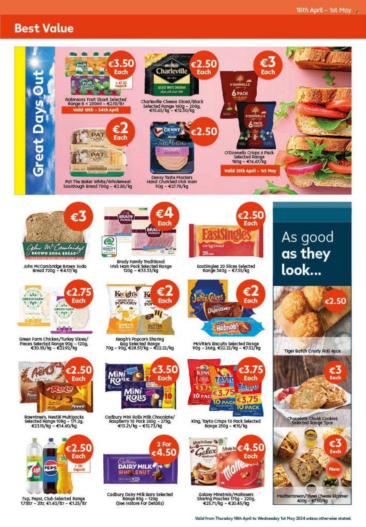 thumbnail - Centra offer  - 18.04.2024 - 01.05.2024 - Sales products - bread, sourdough bread, soda bread, pastries, ham, sliced cheese, cookies, milk chocolate, Nestlé, biscuit, Maltesers, Cadbury, Dairy Milk, chocolate candies, bars, Tayto, popcorn, crisps, Pepsi, soft drink, 7UP, carbonated soft drink, chicken, turkey. Page 5.