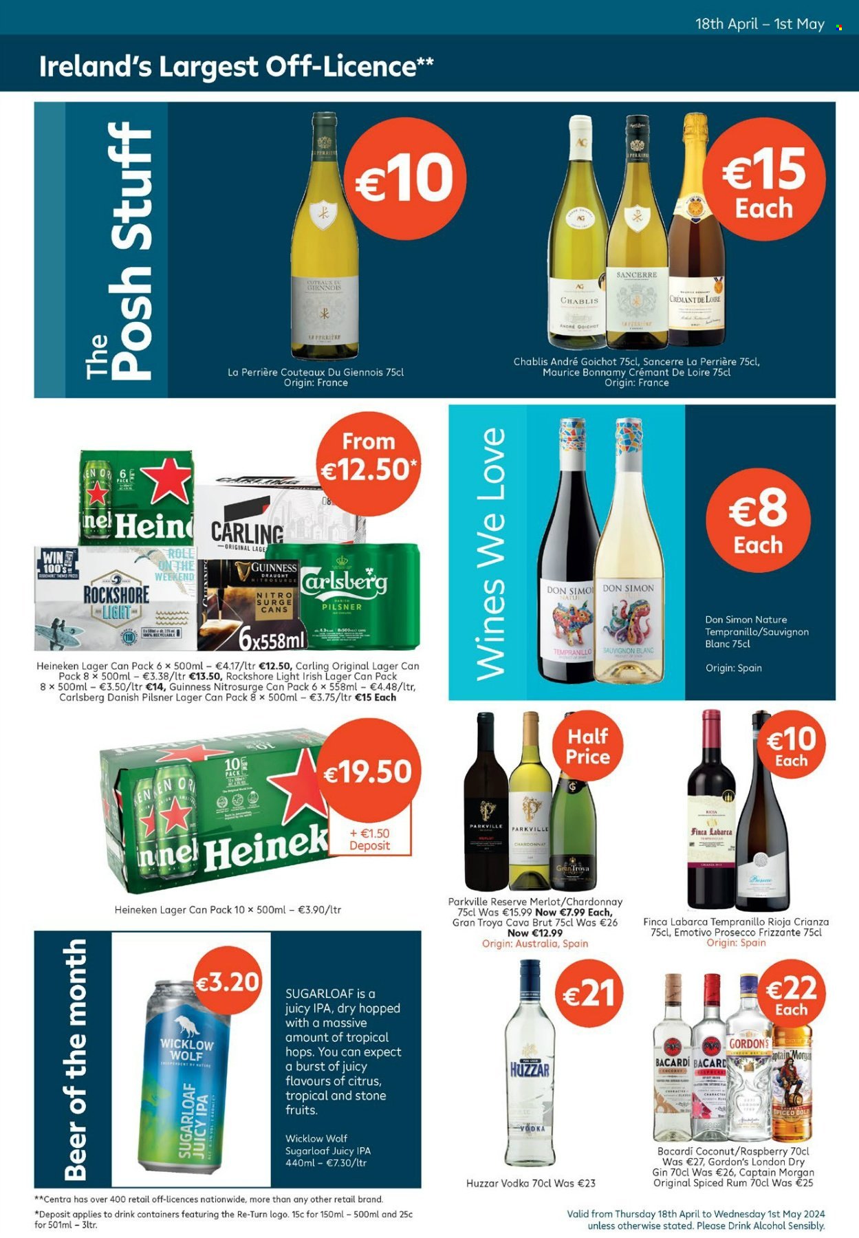 thumbnail - Centra offer  - 18.04.2024 - 01.05.2024 - Sales products - coconut, red wine, sparkling wine, white wine, prosecco, Chardonnay, wine, Merlot, Finca Labarca, alcohol, Tempranillo, Sauvignon Blanc, Chablis, Cava, Bacardi, Captain Morgan, gin, rum, spiced rum, vodka, Gordon's, beer, Heineken, Carlsberg, Guinness, Carling, Lager, IPA, Rockshore, container. Page 7.