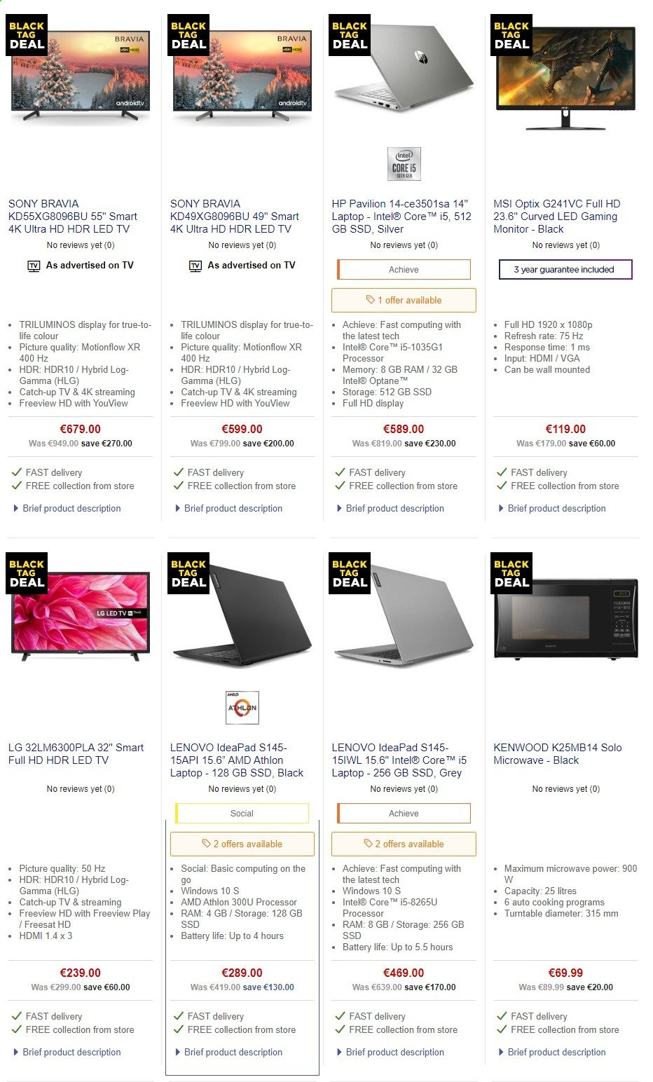thumbnail - Currys offer  - Sales products - Sony, LG, Lenovo, Hewlett Packard, laptop, MSI, Intel, Athlon, monitor, Android TV, LED TV, UHD TV, ultra hd, TV, microwave, Kenwood. Page 1.