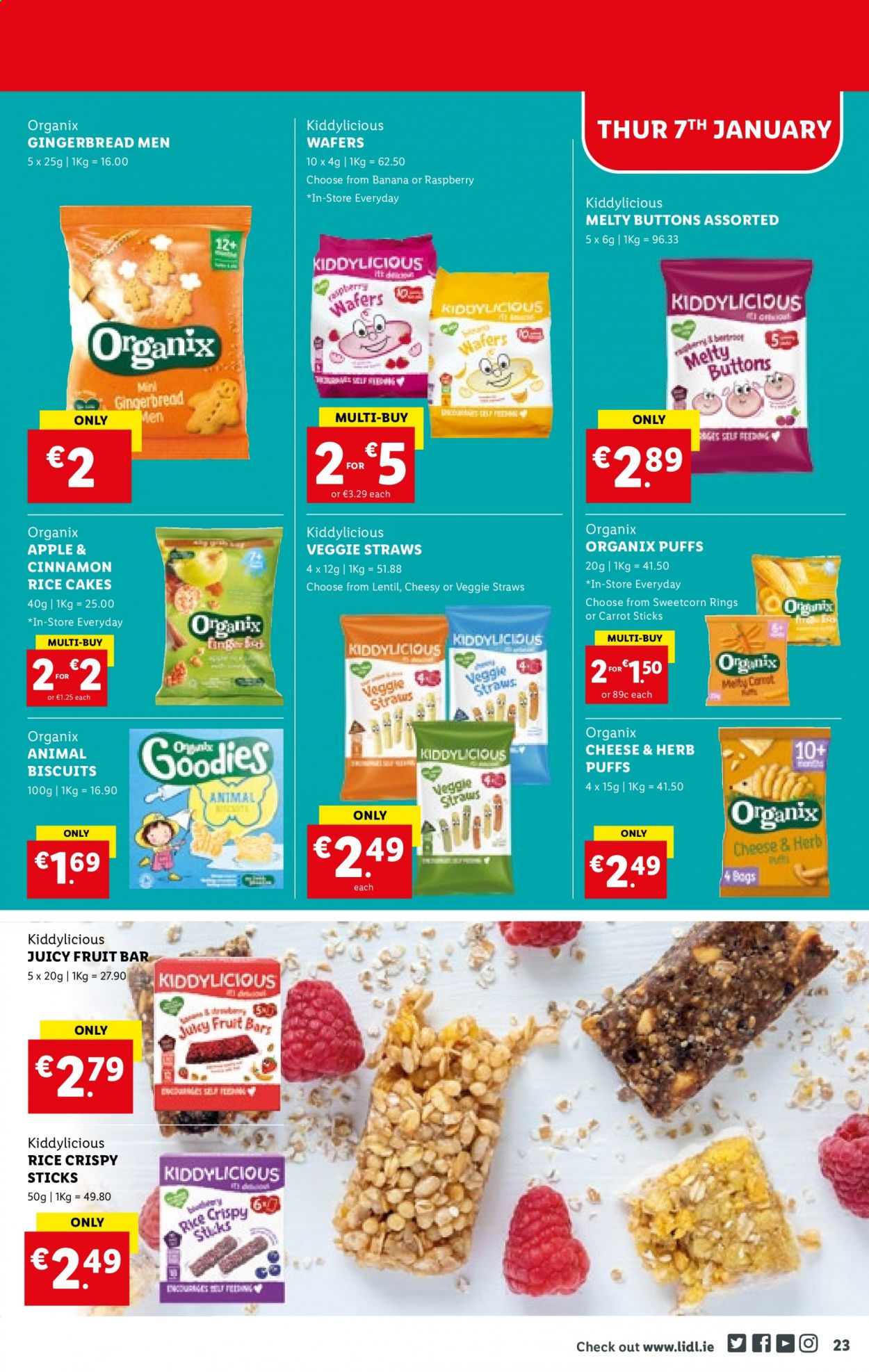 thumbnail - Lidl offer  - 07.01.2021 - 13.01.2021 - Sales products - gingerbread, puffs, cake, wafers, biscuit, veggie straws, cinnamon, Apple. Page 23.
