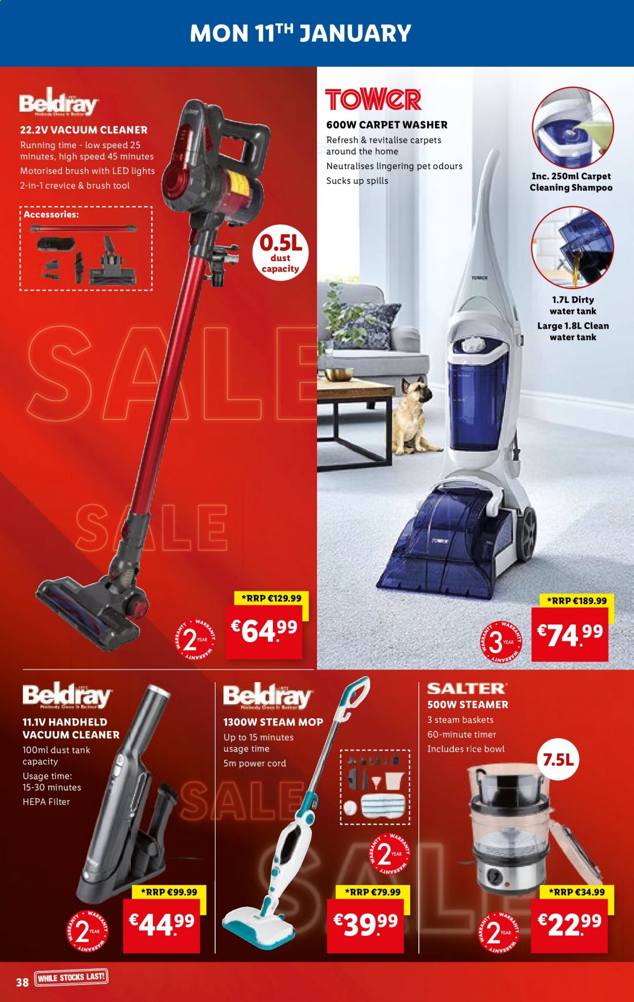 thumbnail - Lidl offer  - 07.01.2021 - 13.01.2021 - Sales products - rice, cleaner, shampoo, basket, brush, mop, bowl, tank, vacuum cleaner, food steamer, LED light, washing machine. Page 38.