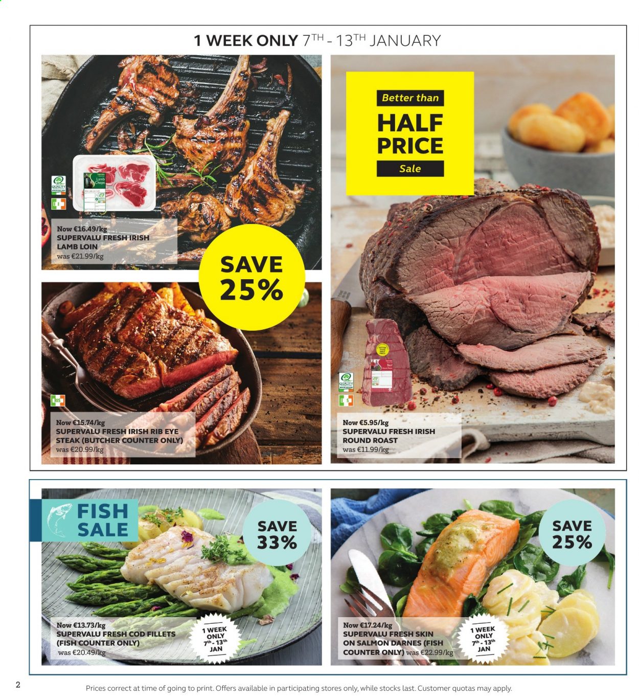 thumbnail - SuperValu offer  - 07.01.2021 - 20.01.2021 - Sales products - cod, salmon, fish, steak, round roast, lamb chops, lamb loin, lamb meat. Page 2.