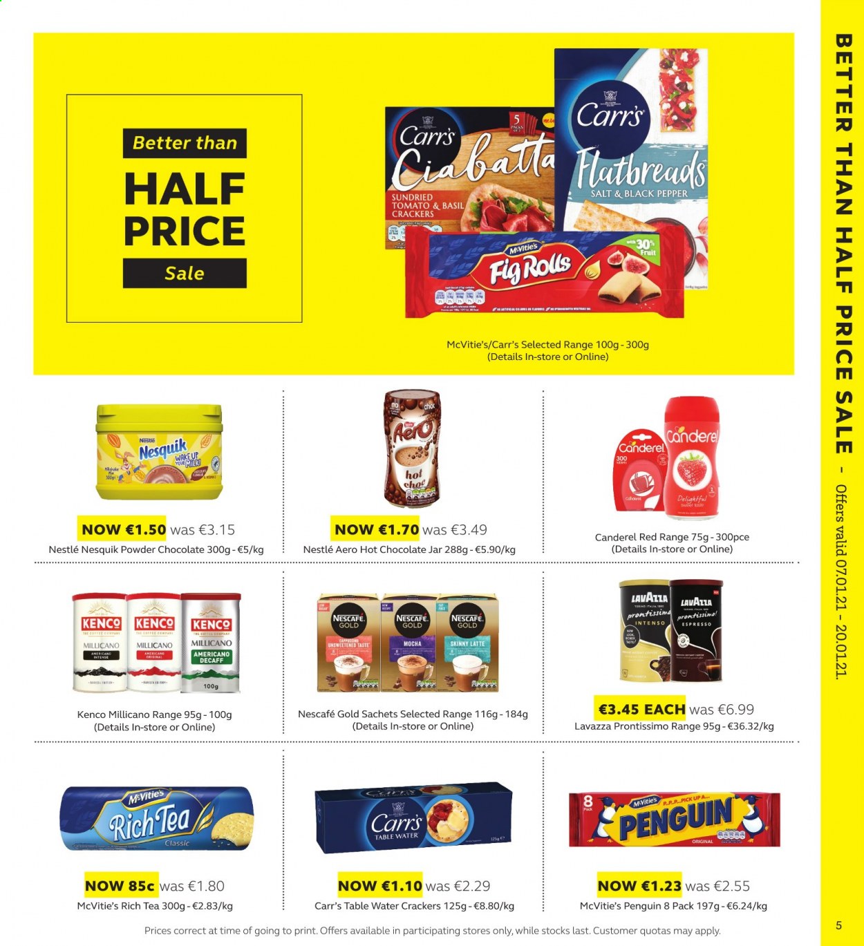thumbnail - SuperValu offer  - 07.01.2021 - 20.01.2021 - Sales products - Nestlé, crackers, Nesquik, powder chocolate, Canderel, black pepper, dried tomatoes, tea, cappuccino, coffee, Nescafé, Intenso, Lavazza. Page 5.