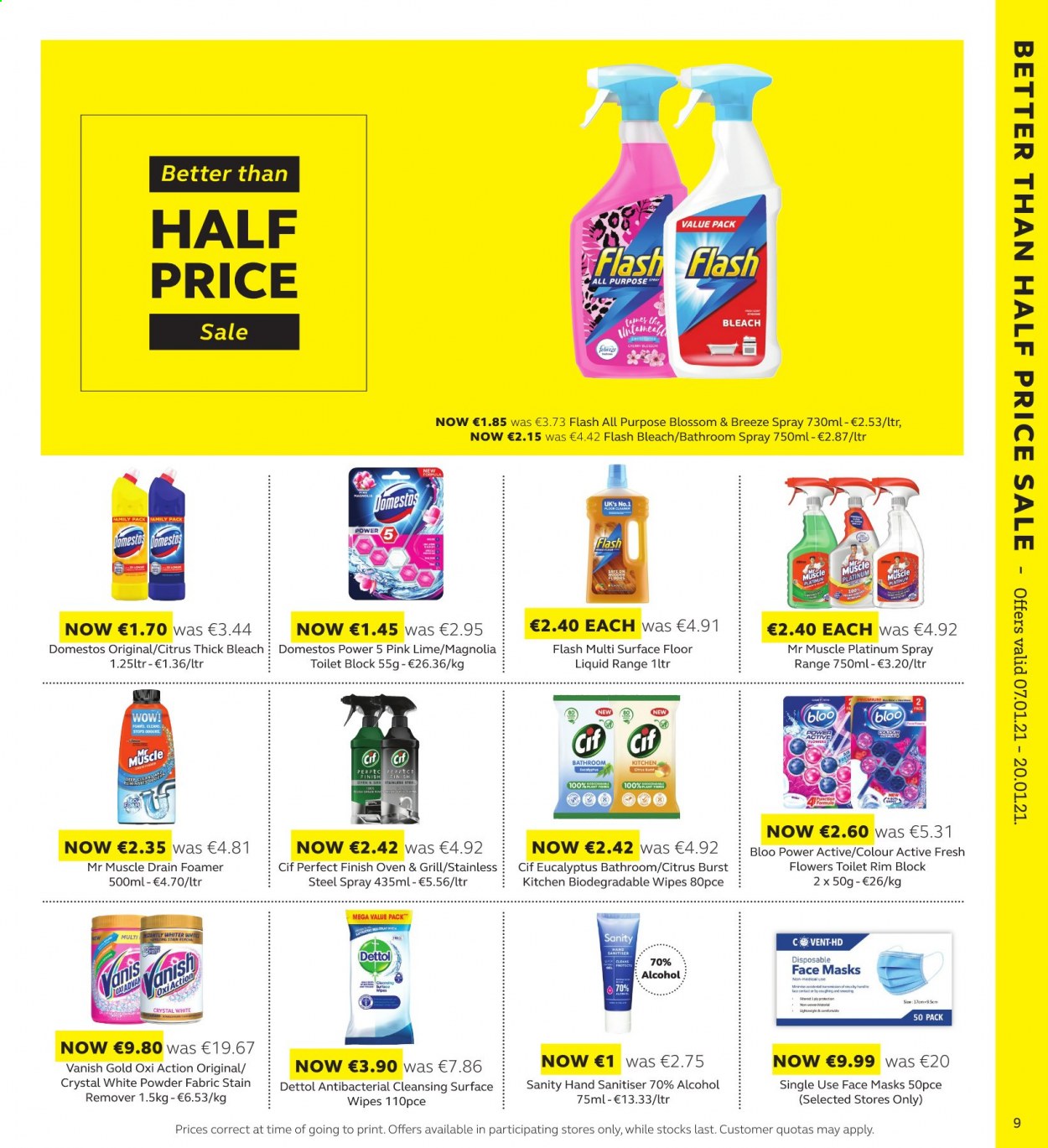 thumbnail - SuperValu offer  - 07.01.2021 - 20.01.2021 - Sales products - Blossom, Dettol, Febreze, wipes, Domestos, cleaner, floor cleaner, stain remover, Cif, Vanish, Mr. Muscle, thick bleach, bleach, face mask. Page 9.