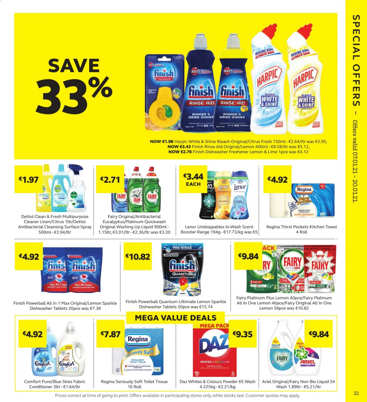 thumbnail - SuperValu offer  - 07.01.2021 - 20.01.2021 - Sales products - bicarbonate of soda, Dettol, toilet paper, tissues, kitchen towels, cleaner, Fairy, Harpic, Ariel, bleach, Daz Powder, Lenor, dishwashing liquid, Finish Powerball, conditioner. Page 21.