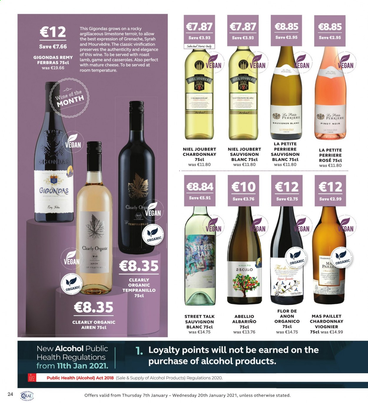thumbnail - SuperValu offer  - 07.01.2021 - 20.01.2021 - Sales products - cheese, Chardonnay, wine, Pinot Noir, Clearly Organic, Abellio Albariño, alcohol, Syrah, Grenache, Tempranillo, Sauvignon Blanc, lamb meat. Page 24.