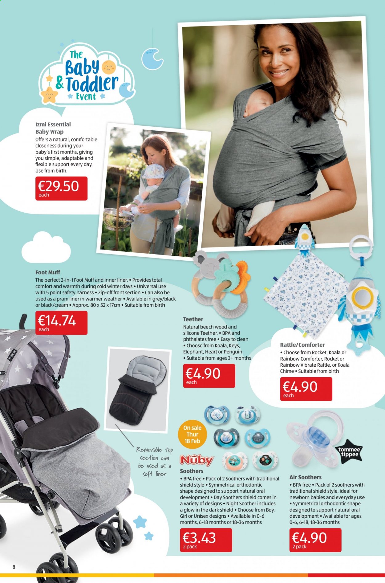 thumbnail - Aldi offer  - 14.01.2021 - 17.01.2021 - Sales products - comforter, rattle, rocket, penguin, soother, foot muff. Page 8.