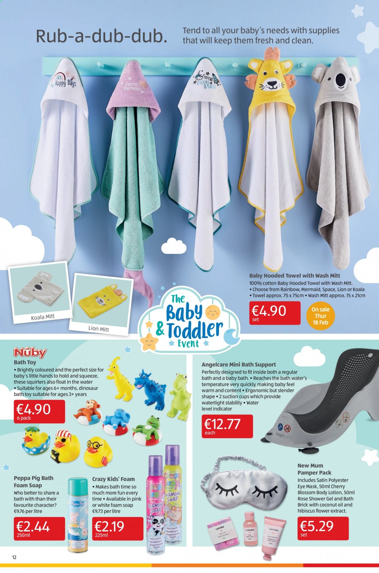 thumbnail - Aldi offer  - 14.01.2021 - 17.01.2021 - Sales products - baby bath, shower gel, bath foam, soap, body lotion, Mum, suction cups, Peppa Pig, cup, satin sheets, towel, Pamper, toys, dinosaur, rose. Page 12.