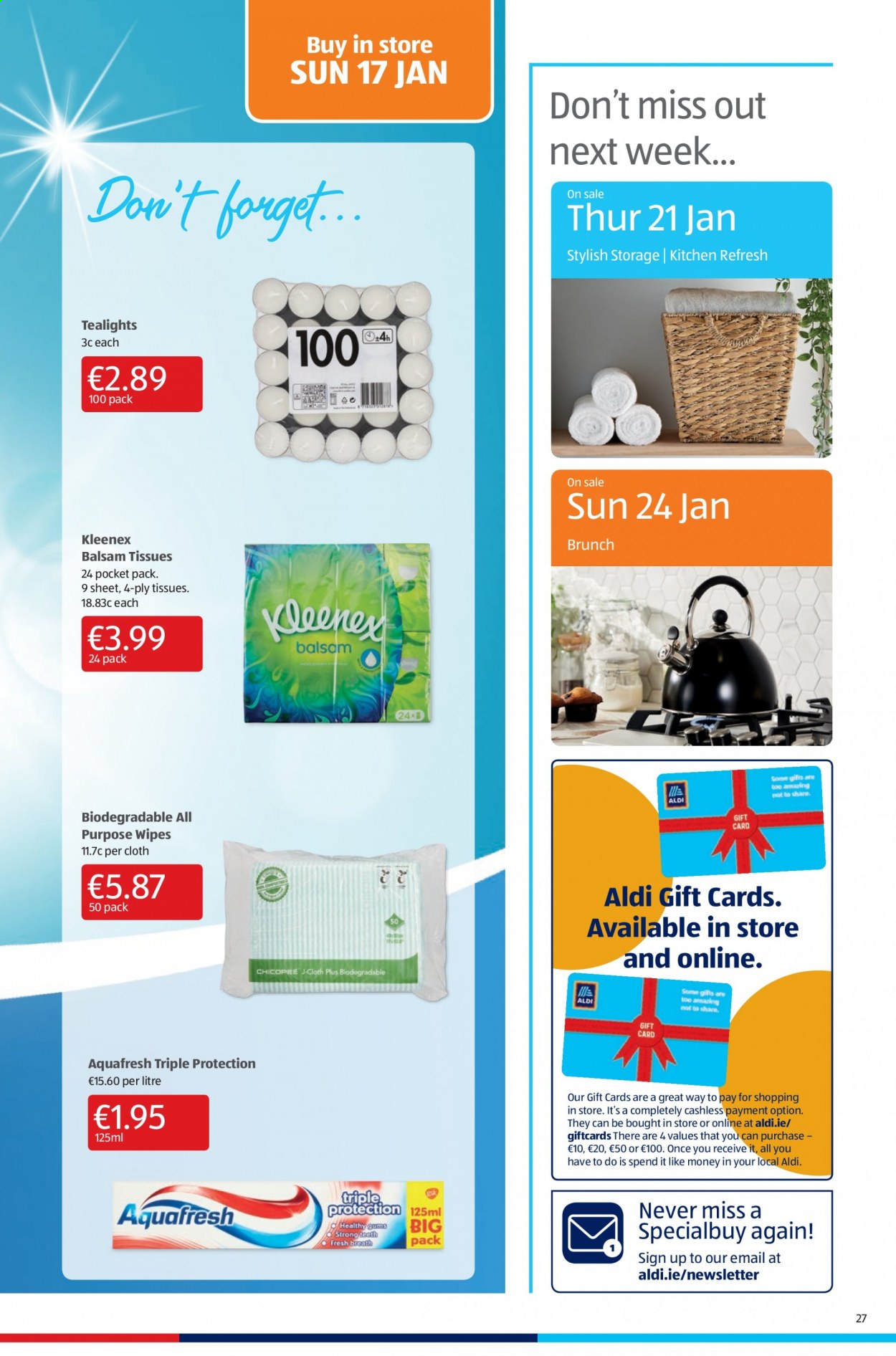 thumbnail - Aldi offer  - 14.01.2021 - 17.01.2021 - Sales products - Kleenex, tissues, wipes. Page 27.