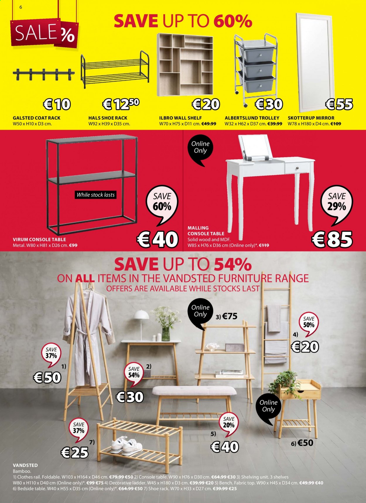 thumbnail - JYSK offer  - 14.01.2021 - 27.01.2021 - Sales products - trolley, table, shelf unit, wall shelf, bedside table, shoe rack, clothes rail, mirror. Page 6.