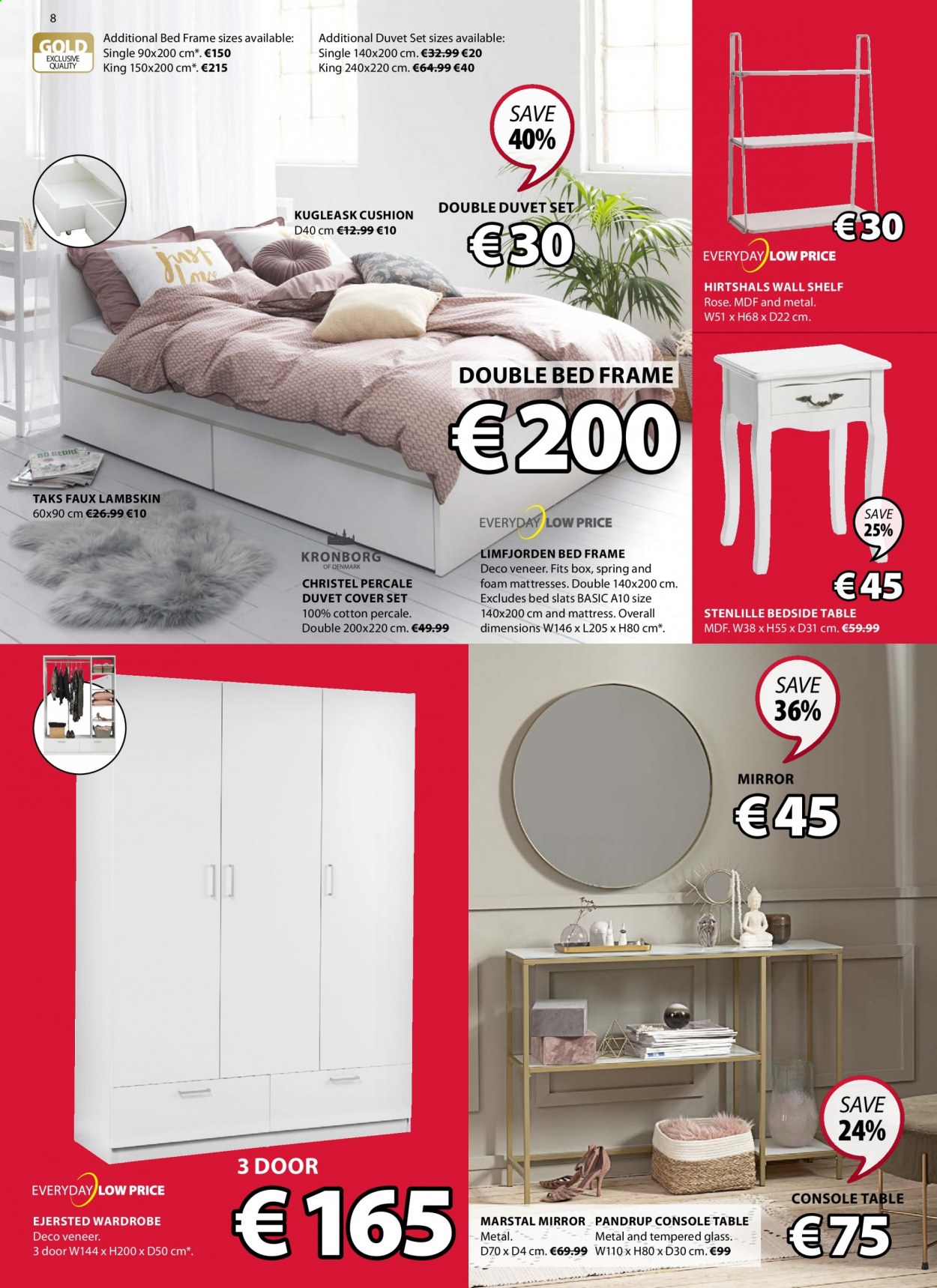 thumbnail - JYSK offer  - 14.01.2021 - 27.01.2021 - Sales products - table, wall shelf, bed, double bed, bed frame, mattress, wardrobe, bedside table, cushion, mirror, faux lambskin, duvet, quilt cover set, rose. Page 8.