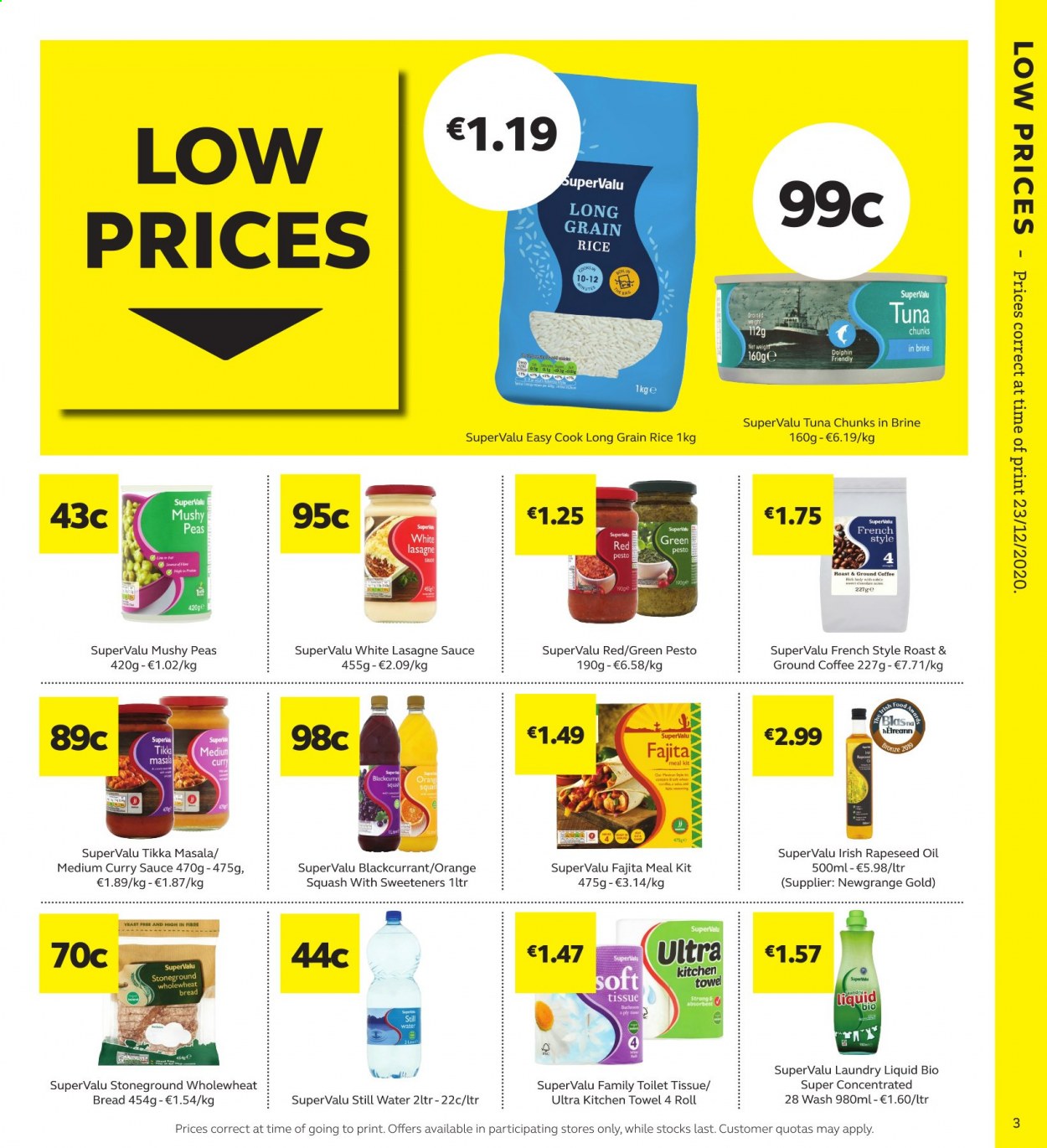 thumbnail - SuperValu offer  - 21.01.2021 - 03.02.2021 - Sales products - bread, peas, tuna, sauce, fajita, yeast, lasagne sheets, rice, whole grain rice, long grain rice, Tikka Masala, pesto, oil, mineral water, coffee, ground coffee, toilet paper, tissues, kitchen towels, laundry detergent. Page 3.