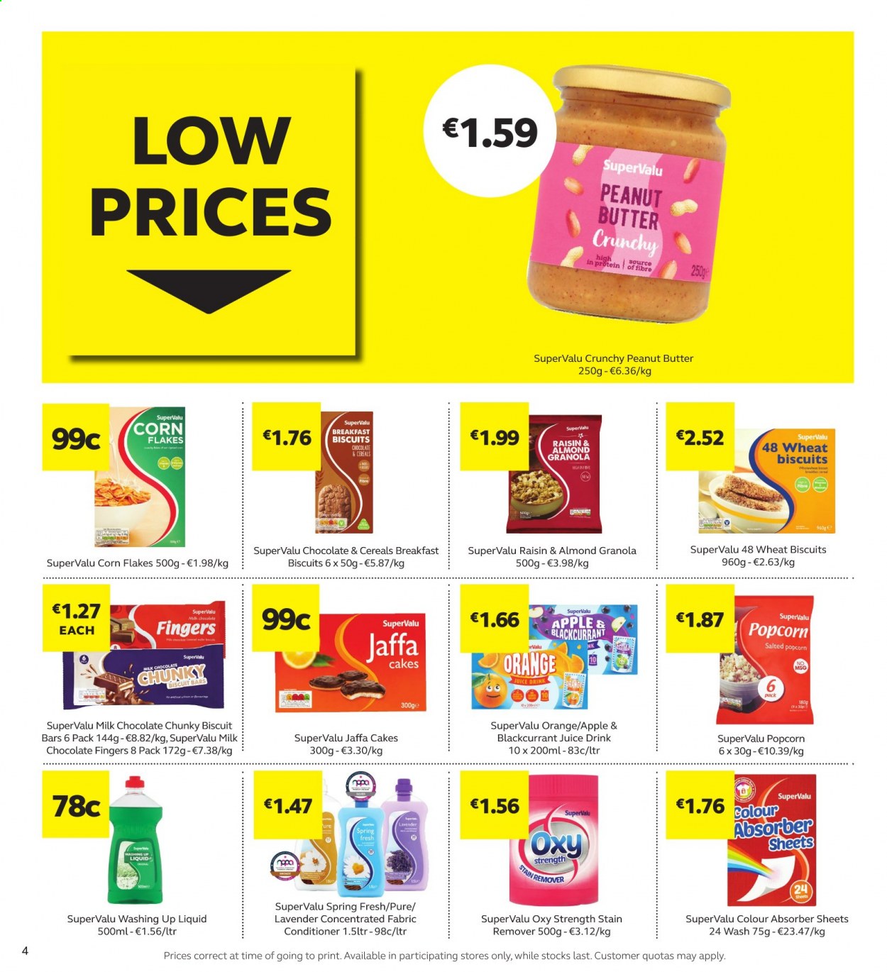 thumbnail - SuperValu offer  - 21.01.2021 - 03.02.2021 - Sales products - cake, oranges, milk chocolate, chocolate, biscuit, popcorn, cereals, granola, corn flakes, peanut butter, almonds, raisins, juice, stain remover, dishwashing liquid, conditioner. Page 4.