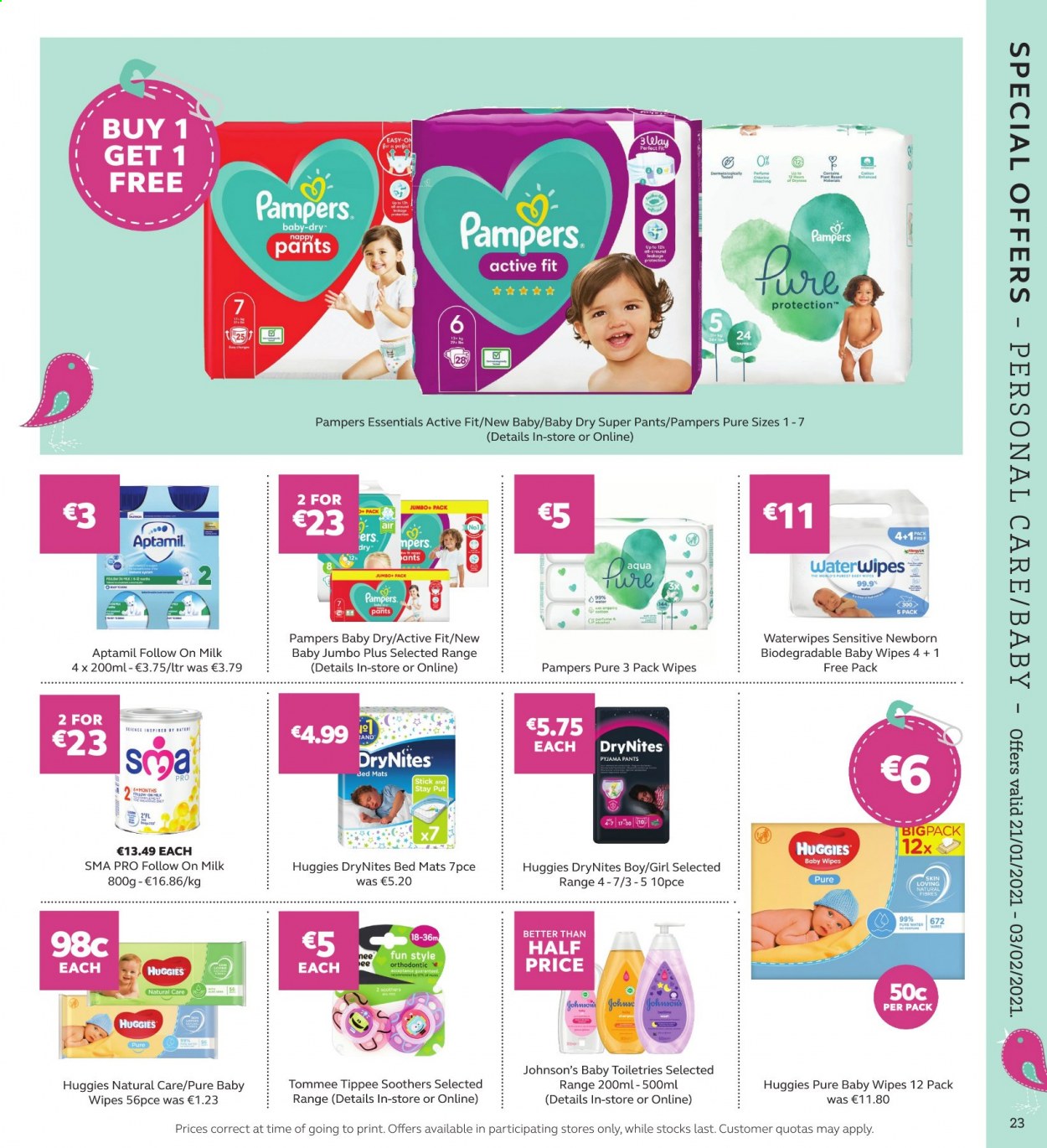 thumbnail - SuperValu offer  - 21.01.2021 - 03.02.2021 - Sales products - milk, Huggies, Pampers, baby wipes, nappies, DryNites, Johnson's, wipes, Pure Skin, eau de parfum. Page 23.