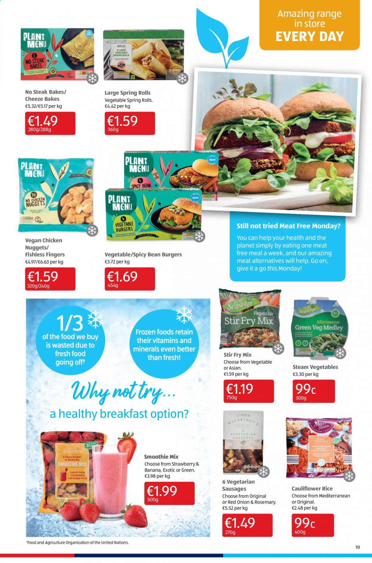 thumbnail - Aldi offer  - 28.01.2021 - 31.01.2021 - Sales products - beans, cauliflower, nuggets, hamburger, chicken nuggets, spring rolls, sausage, rice, rosemary, smoothie, steak. Page 19.