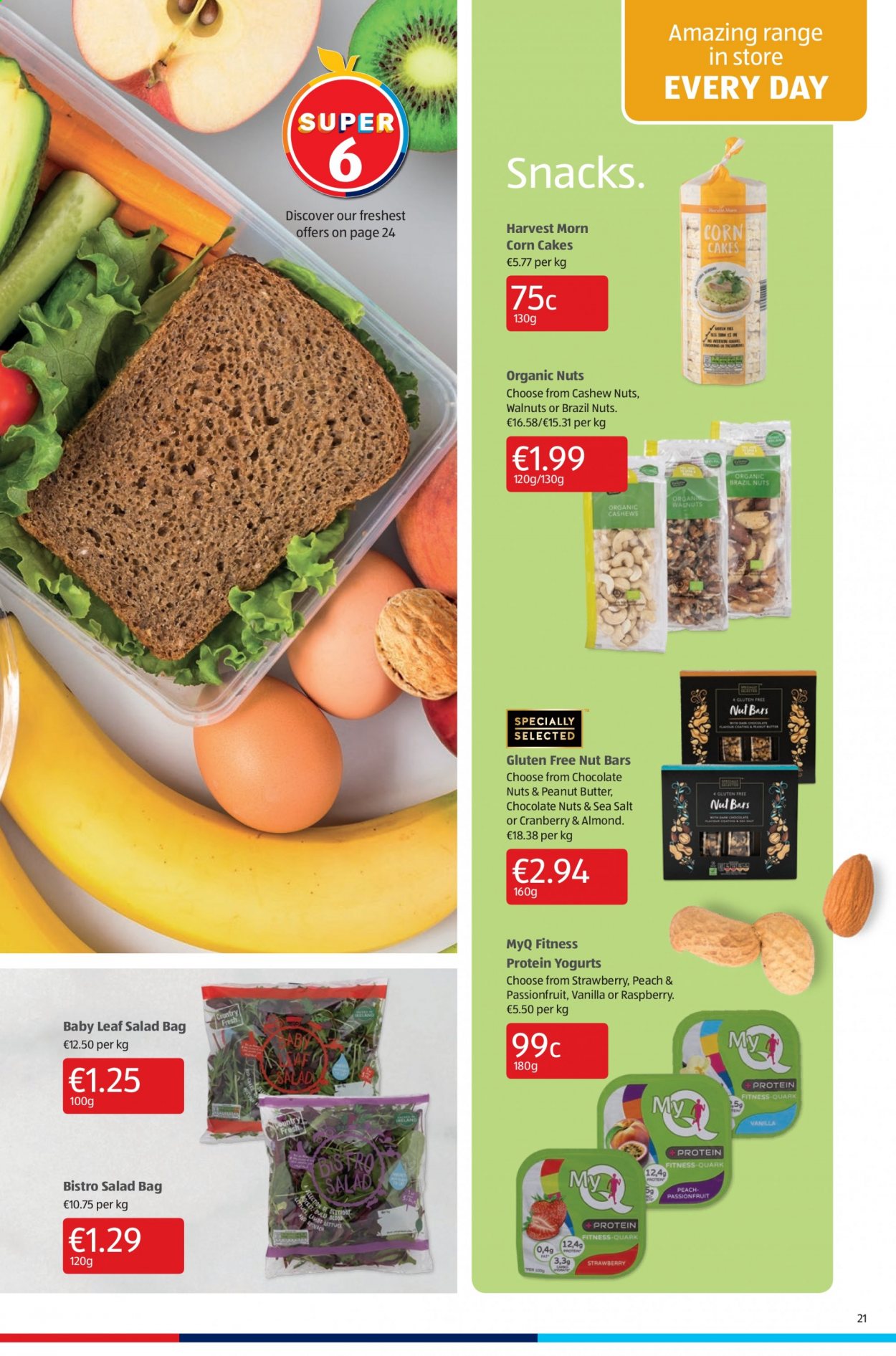 thumbnail - Aldi offer  - 28.01.2021 - 31.01.2021 - Sales products - cake, corn, salad, chocolate, snack, nut bar, peanut butter, almonds, cashews, walnuts, pen, bag. Page 21.