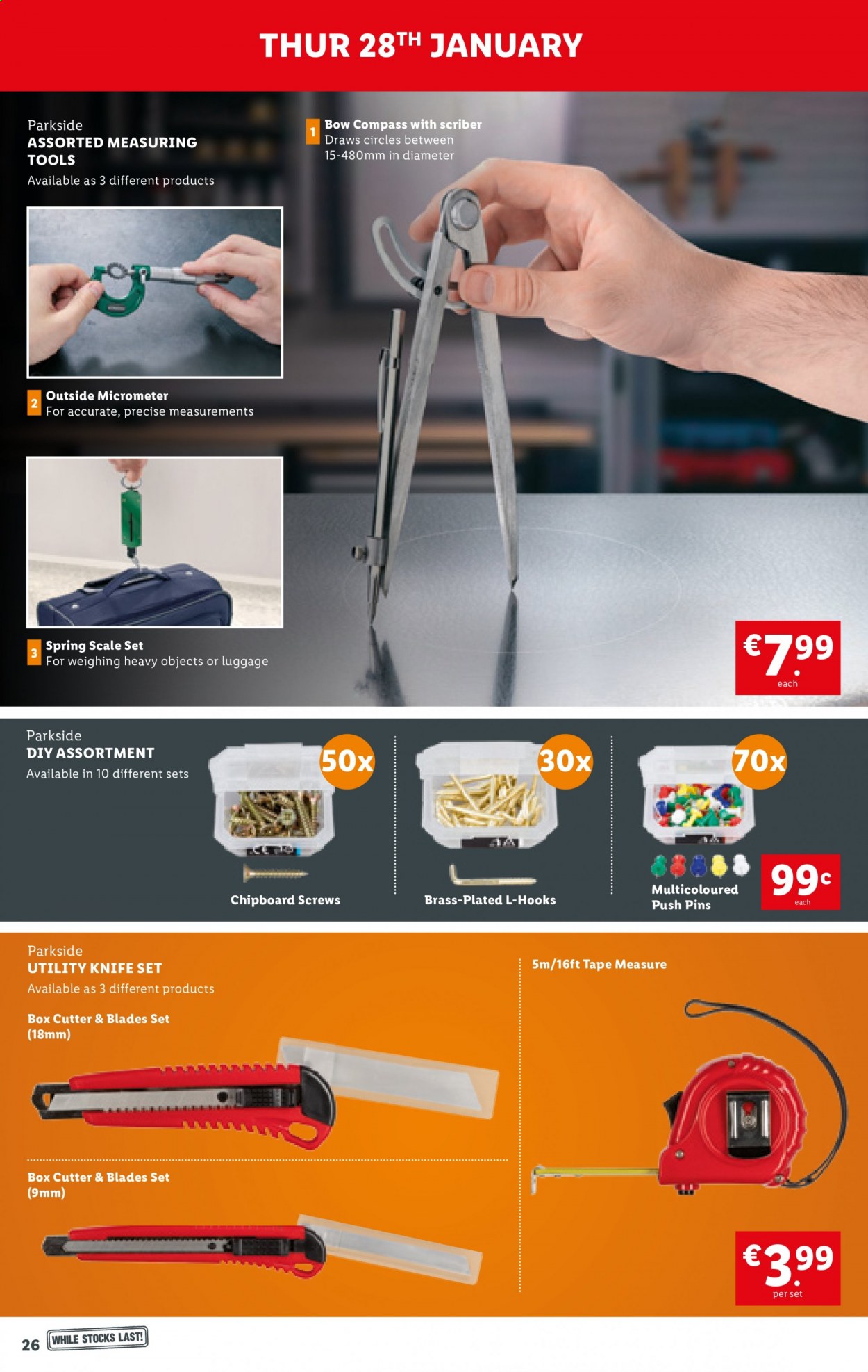 thumbnail - Lidl offer  - 28.01.2021 - 03.02.2021 - Sales products - scale, hook, pin, push pins, ruler, cutter, luggage, Parkside, utility knife. Page 26.