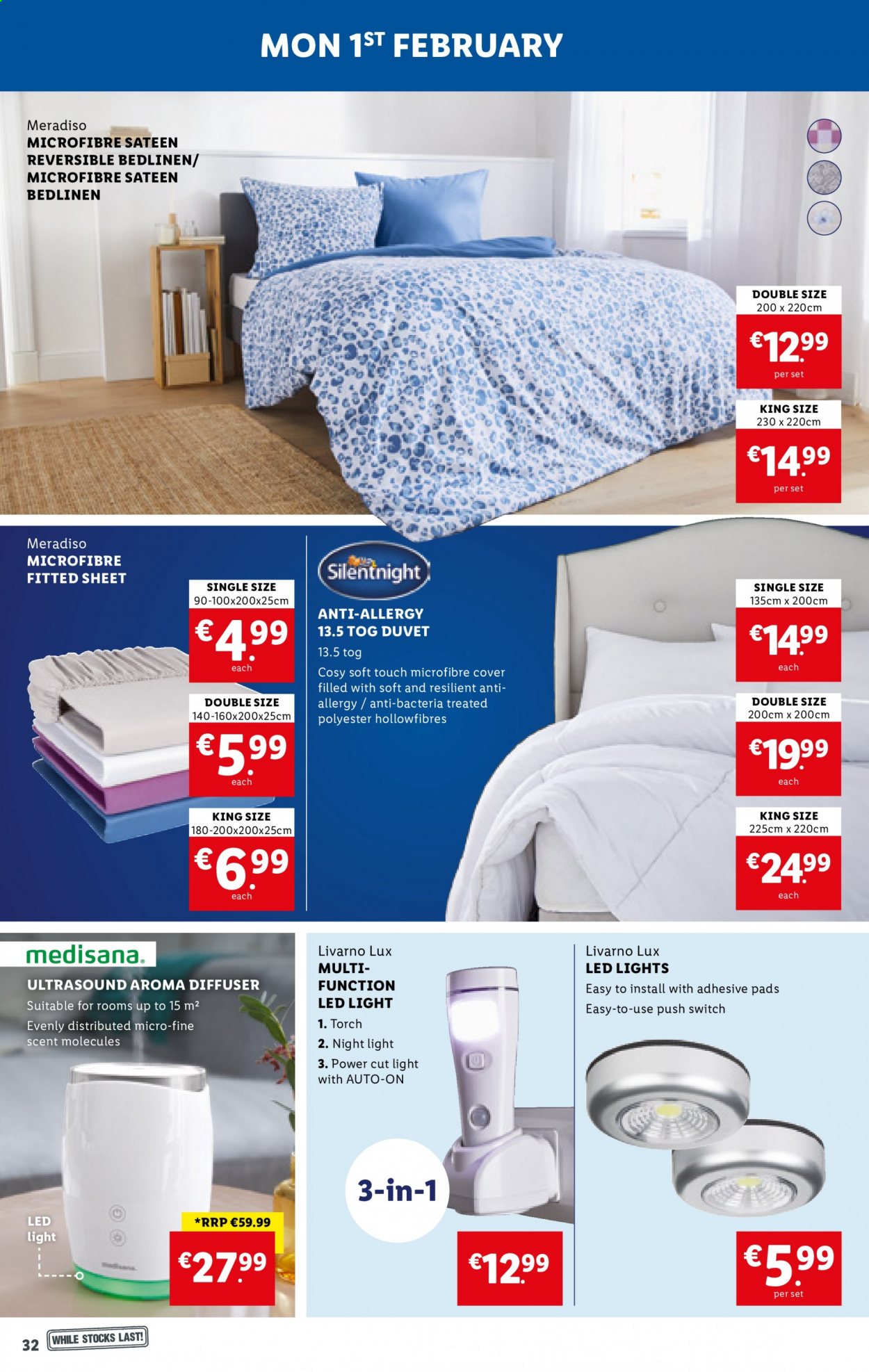 thumbnail - Lidl offer  - 28.01.2021 - 03.02.2021 - Sales products - Lux, diffuser, duvet, microfibre cover, satin sheets, LED light, switch. Page 32.