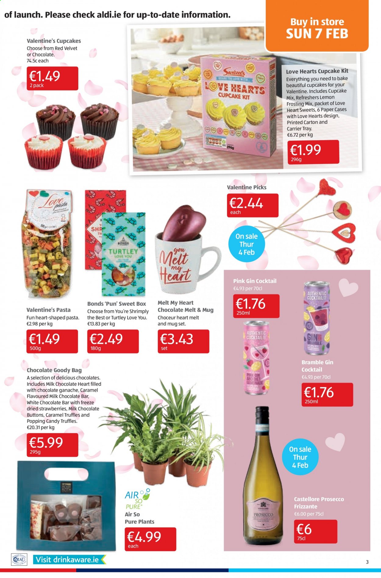 thumbnail - Aldi offer  - 04.02.2021 - 10.02.2021 - Sales products - cupcake, strawberries, flavoured milk, milk chocolate, white chocolate, chocolate, truffles, frosting, pasta, caramel, prosecco, gin, mug, tray, paper. Page 3.