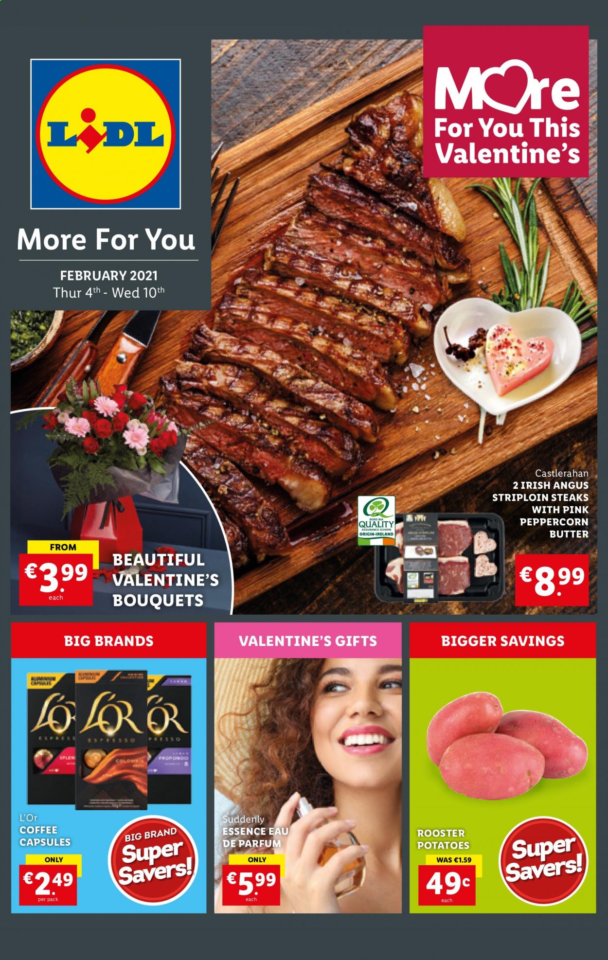 thumbnail - Lidl offer  - 04.02.2021 - 10.02.2021 - Sales products - potatoes, butter, coffee, L'Or, steak, striploin steak, eau de parfum, bouquet. Page 1.