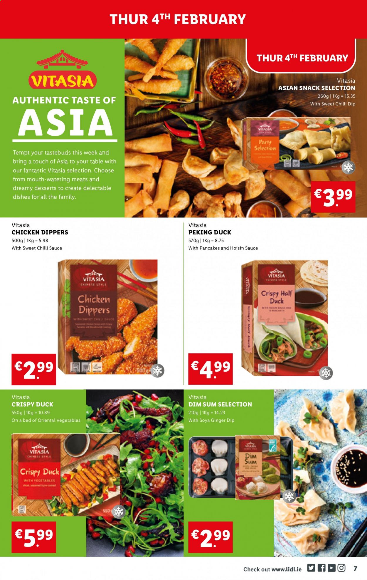 thumbnail - Lidl offer  - 04.02.2021 - 10.02.2021 - Sales products - pancakes, ginger, sauce, dip, snack, hoisin sauce, chilli sauce, sweet chilli sauce, chicken dippers. Page 7.