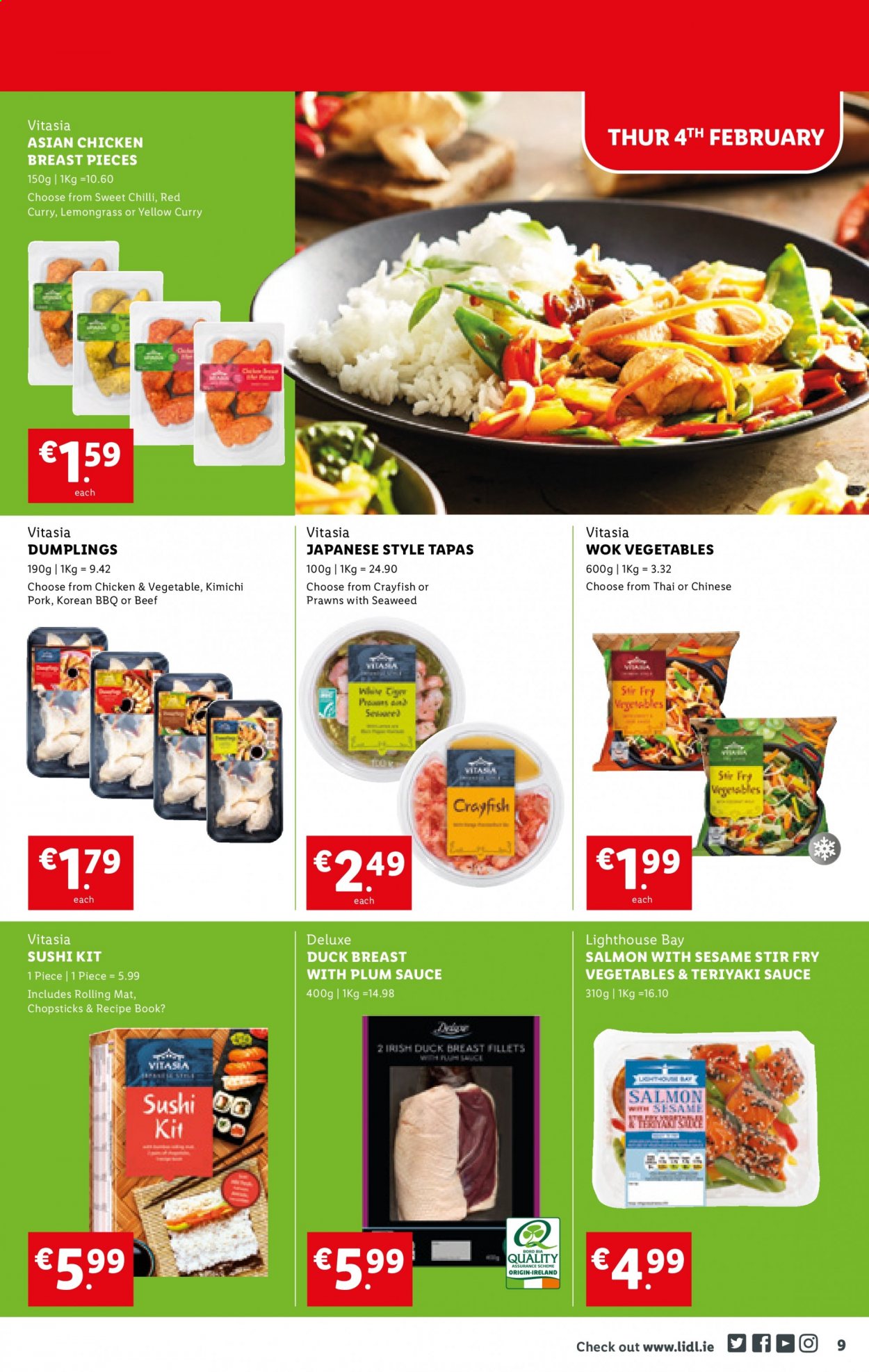 thumbnail - Lidl offer  - 04.02.2021 - 10.02.2021 - Sales products - salmon, prawns, sauce, dumplings, seaweed, teriyaki sauce, chicken breasts, wok, book. Page 9.