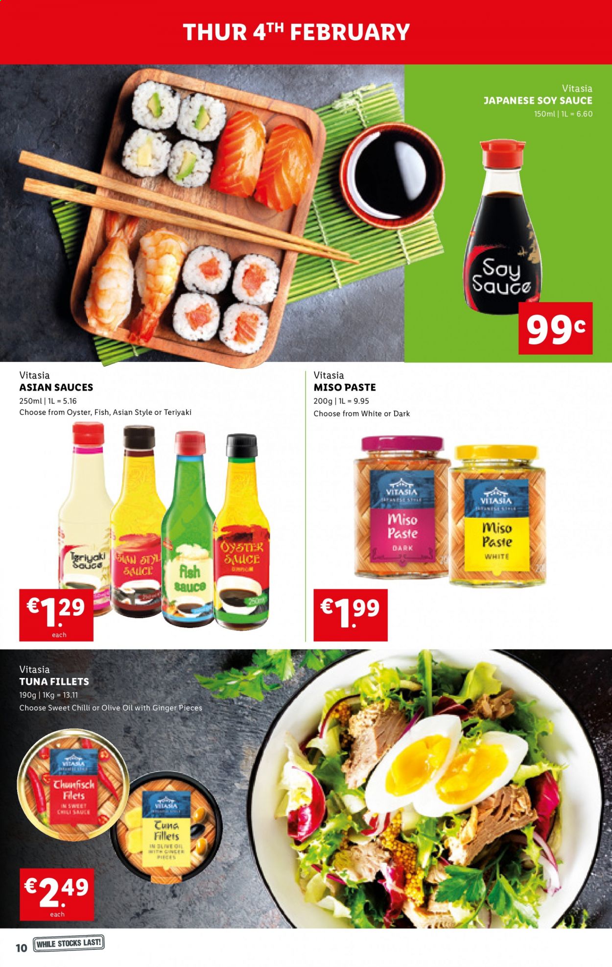 thumbnail - Lidl offer  - 04.02.2021 - 10.02.2021 - Sales products - ginger, tuna, fish, fish sauce, miso, soy sauce, oyster sauce, teriyaki sauce, olive oil. Page 10.