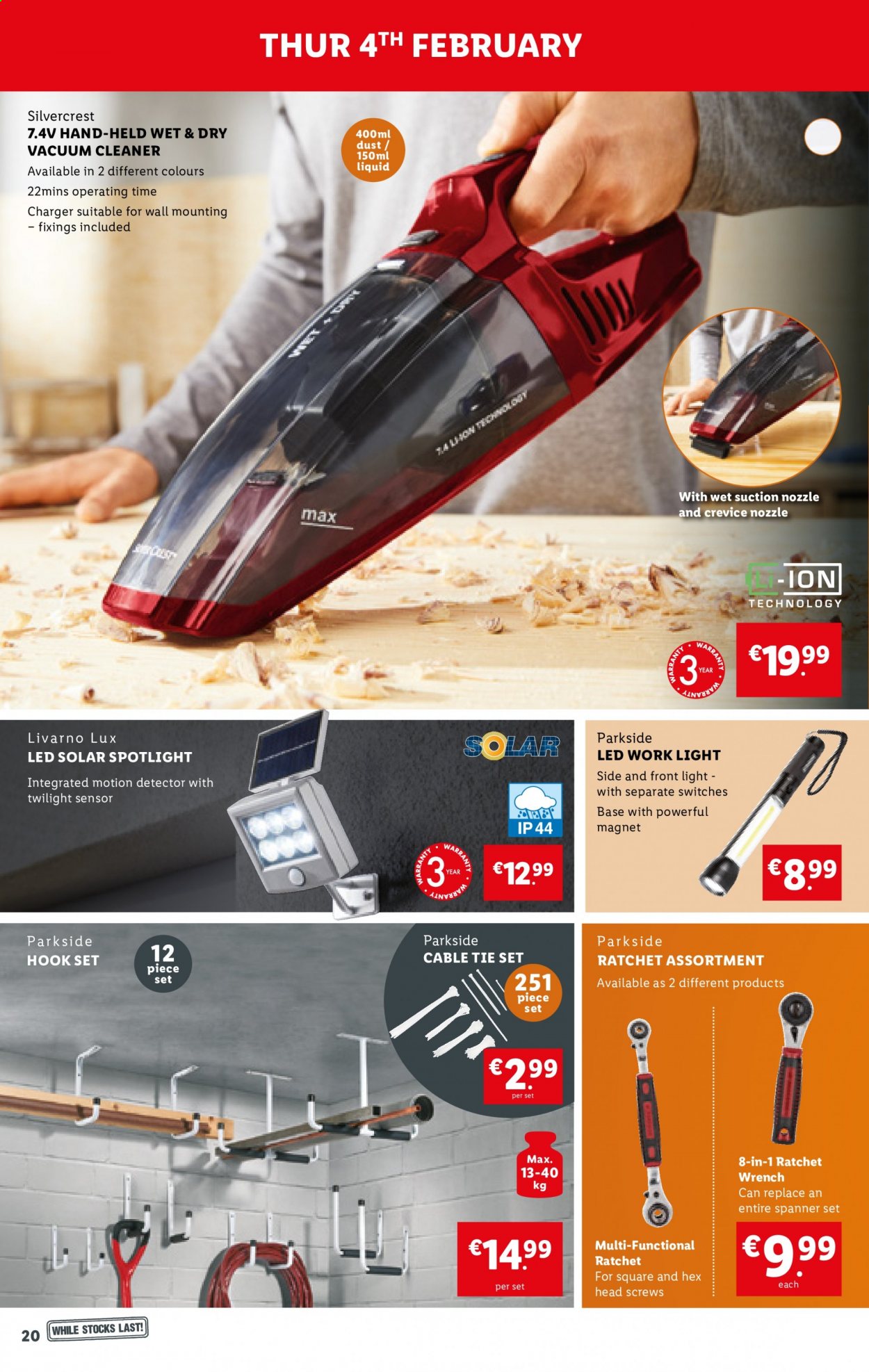 thumbnail - Lidl offer  - 04.02.2021 - 10.02.2021 - Sales products - SilverCrest, cleaner, Lux, spotlight, vacuum cleaner, solar led, work light, Parkside, wrench, spanner. Page 20.