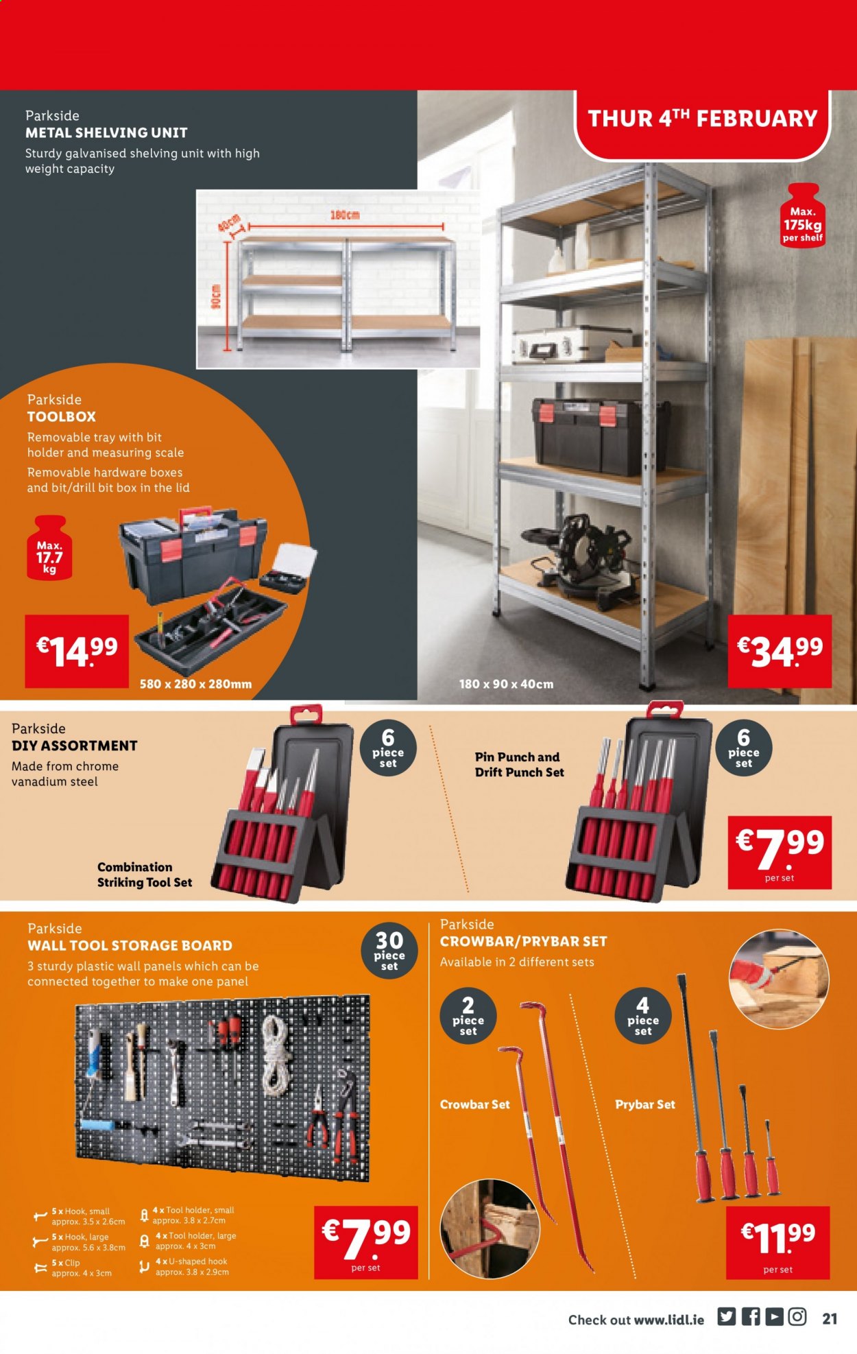 thumbnail - Lidl offer  - 04.02.2021 - 10.02.2021 - Sales products - hook, pin, shelf unit, Parkside, pry bar, tool box, tool set, crowbar, tool storage board. Page 21.
