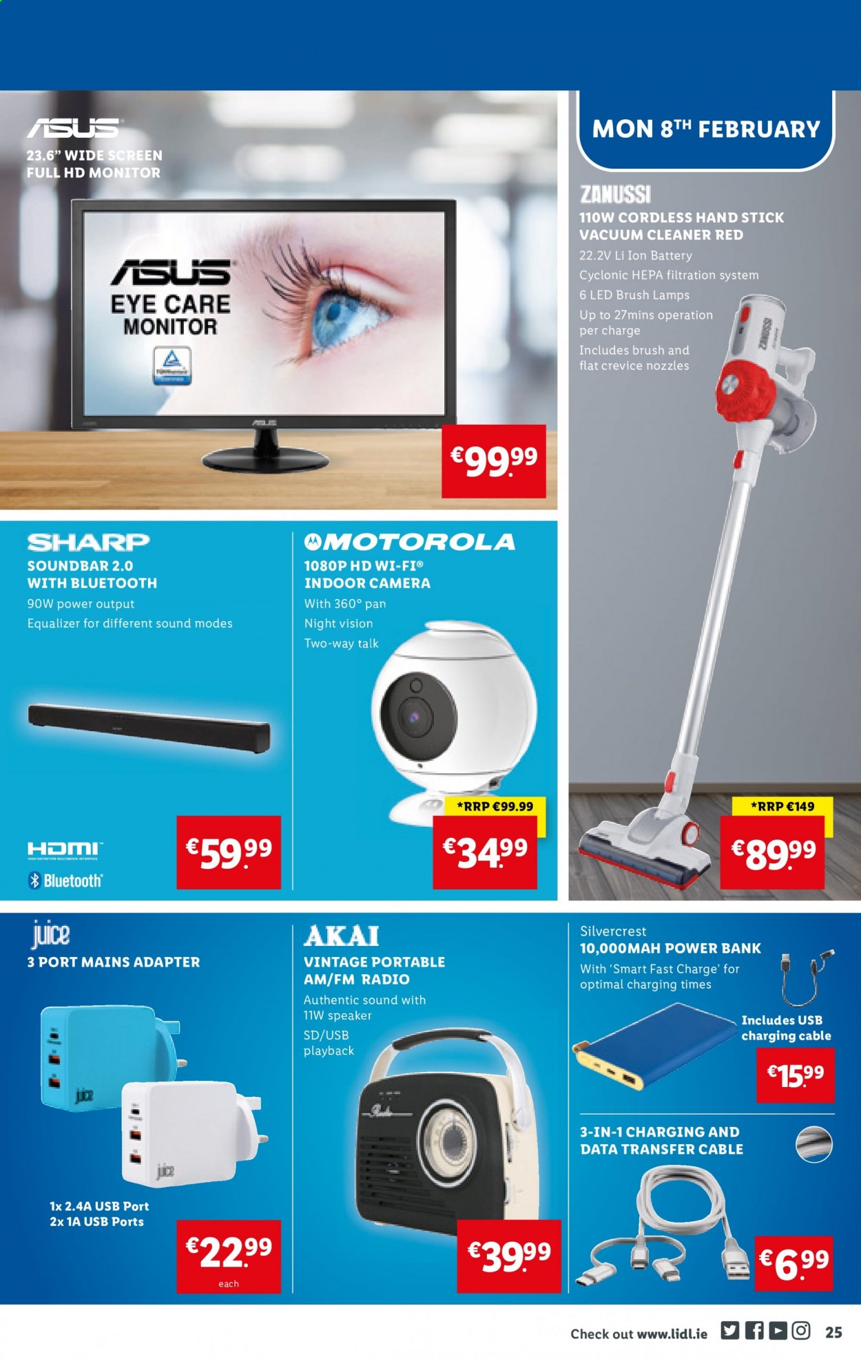 thumbnail - Lidl offer  - 04.02.2021 - 10.02.2021 - Sales products - SilverCrest, cleaner, Sharp, battery, Asus, Motorola, power bank, monitor, Full HD monitor, camera, radio, speaker, sound bar, Zanussi, vacuum cleaner. Page 25.