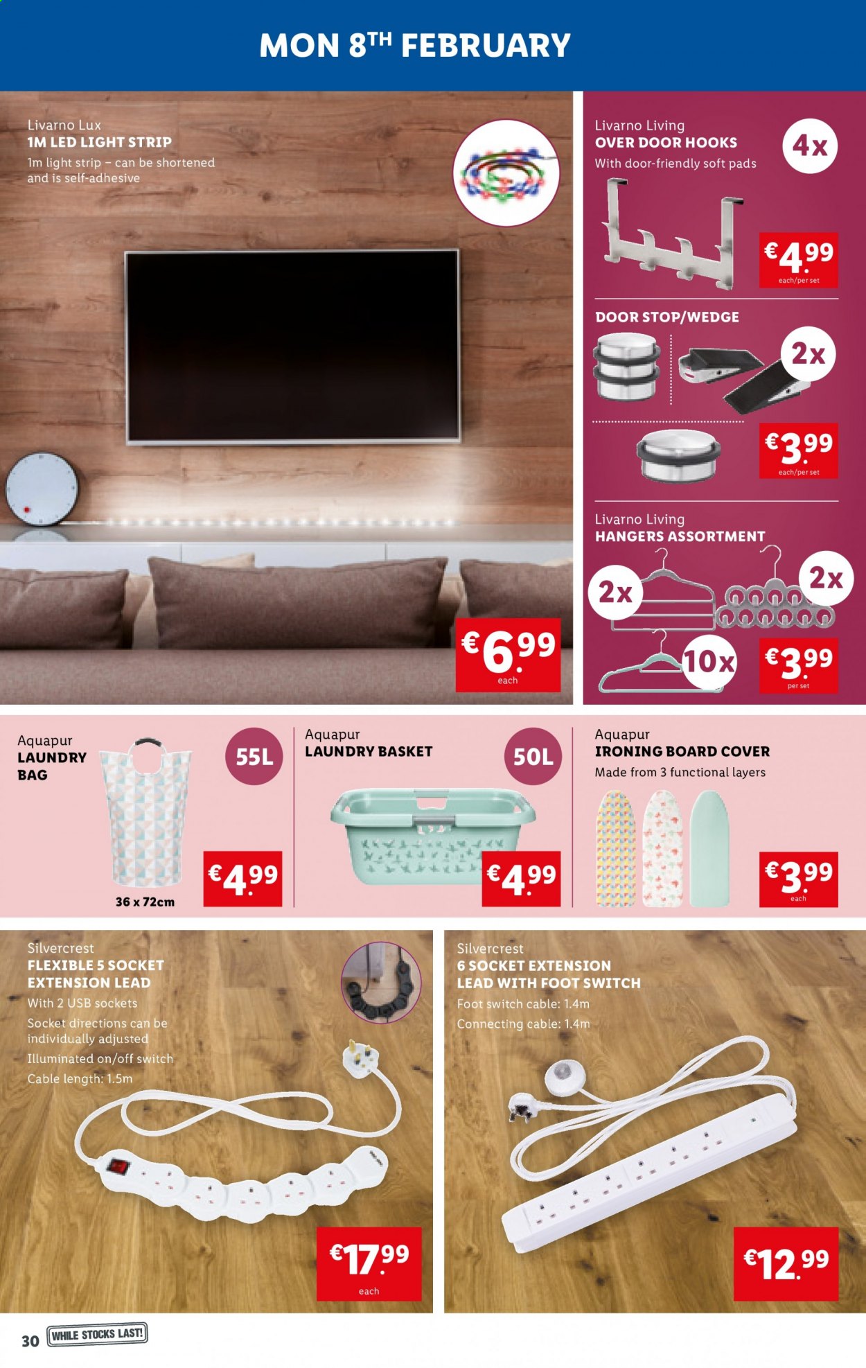 thumbnail - Lidl offer  - 04.02.2021 - 10.02.2021 - Sales products - SilverCrest, Lux, basket, hook, hanger, ironing board, bag, LED light, light strip, switch, extension lead. Page 30.