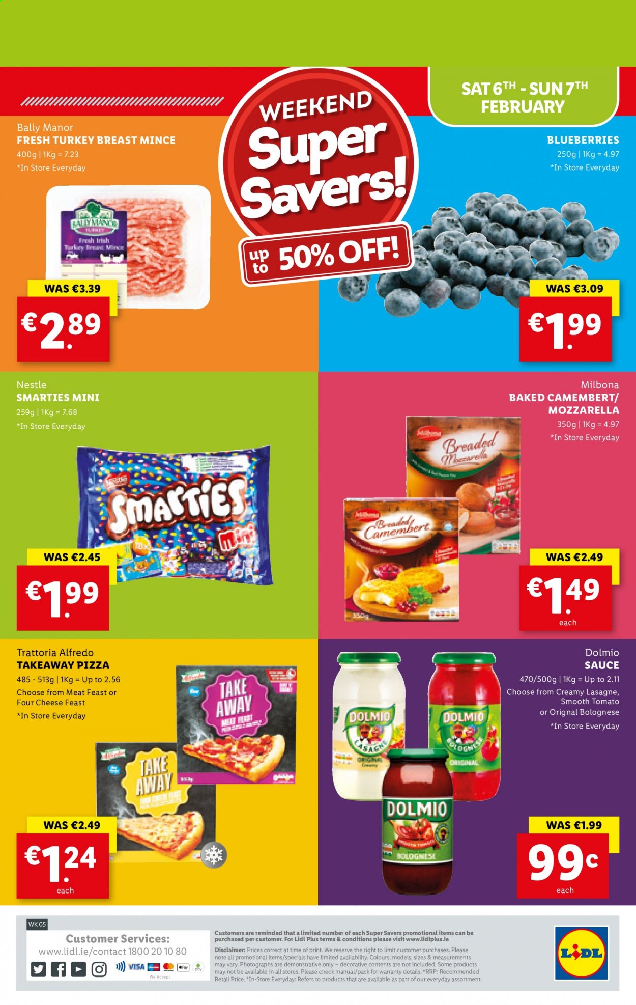 thumbnail - Lidl offer  - 04.02.2021 - 10.02.2021 - Sales products - blueberries, pizza, sauce, camembert, mozzarella, cheese, Nestlé, Smarties, lasagne sheets, turkey breast. Page 32.