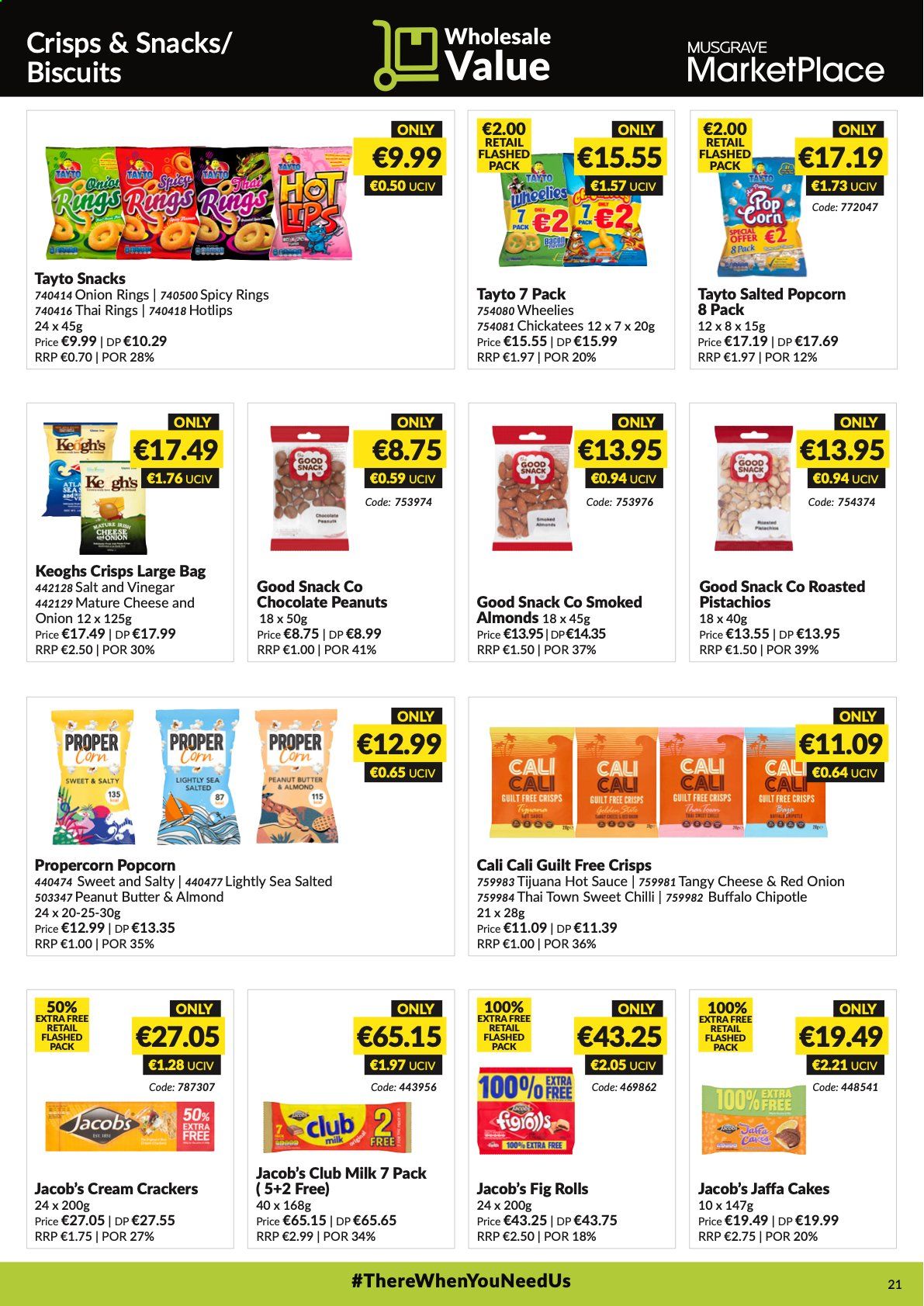 thumbnail - MUSGRAVE Market Place offer  - 17.01.2021 - 13.02.2021 - Sales products - cake, corn, onion rings, sauce, chocolate, crackers, biscuit, club milk, snack, Tayto, popcorn, salt, hot sauce, vinegar, peanut butter, almonds, pistachios, Jacobs. Page 21.