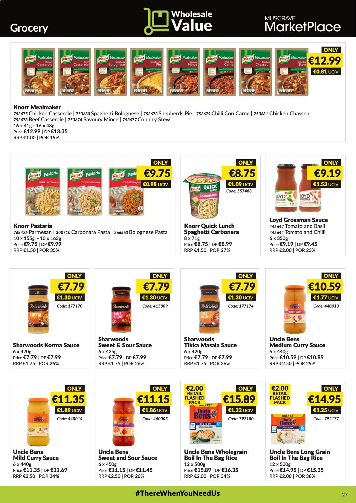 thumbnail - MUSGRAVE Market Place offer  - 17.01.2021 - 13.02.2021 - Sales products - pie, Knorr, sauce, parmesan, Uncle Ben's, rice, spaghetti, pasta, esponja, Tikka Masala, sweet and sour sauce, casserole. Page 27.