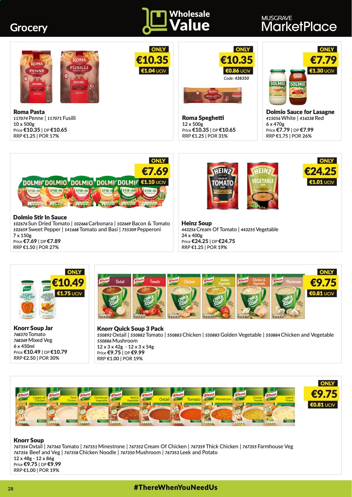 thumbnail - MUSGRAVE Market Place offer  - 17.01.2021 - 13.02.2021 - Sales products - mushrooms, leek, soup, Knorr, bacon, pepperoni, Heinz, lasagne sheets, spaghetti, pasta, noodles, penne, pepper, dried tomatoes, oxtail. Page 28.