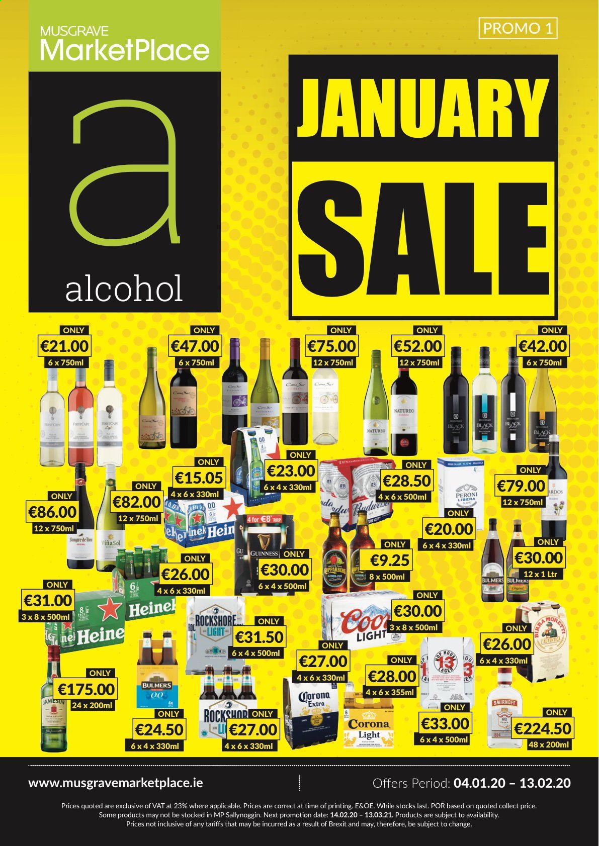 thumbnail - MUSGRAVE Market Place offer  - 04.01.2021 - 13.02.2021 - Sales products - alcohol, Smirnoff, Jameson, beer, Corona Extra, Bulmers, Guinness, Sol. Page 1.
