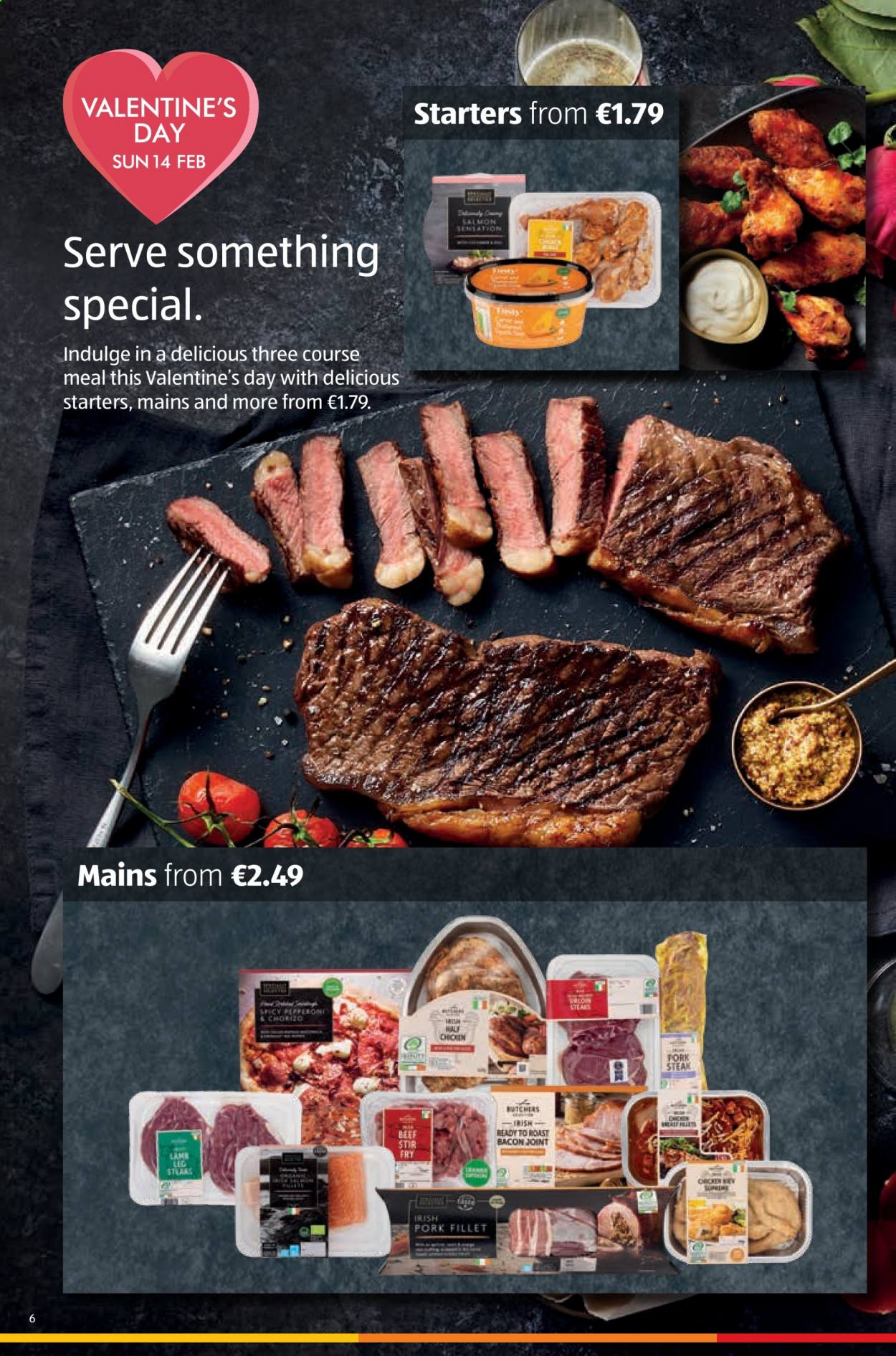 thumbnail - Aldi offer  - 11.02.2021 - 17.02.2021 - Sales products - salmon, bacon, pepperoni, steak, pork tenderloin, fork. Page 6.