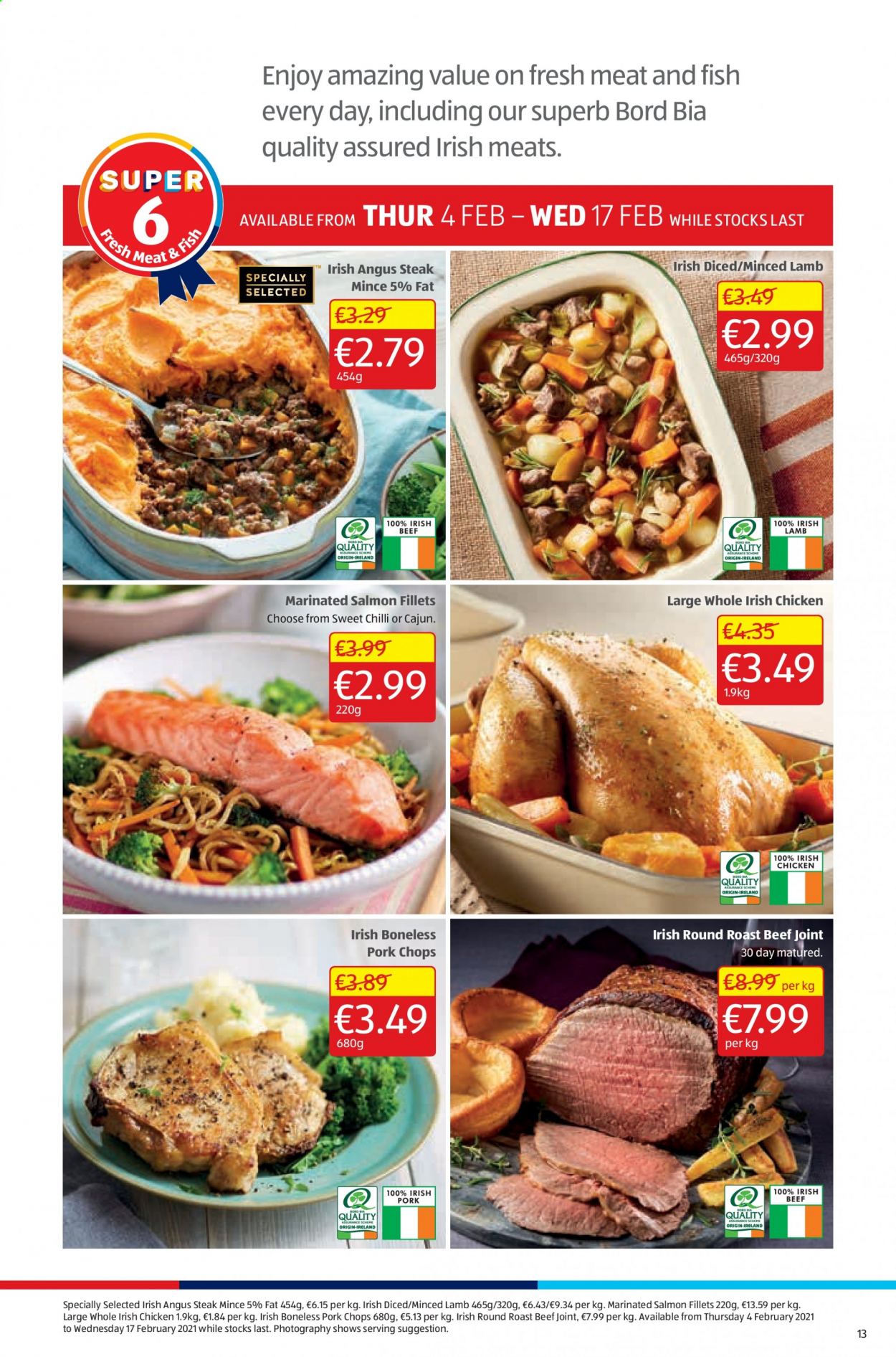 thumbnail - Aldi offer  - 11.02.2021 - 17.02.2021 - Sales products - salmon, salmon fillet, steak, round roast, roast beef, pork chops, lamb meat. Page 13.