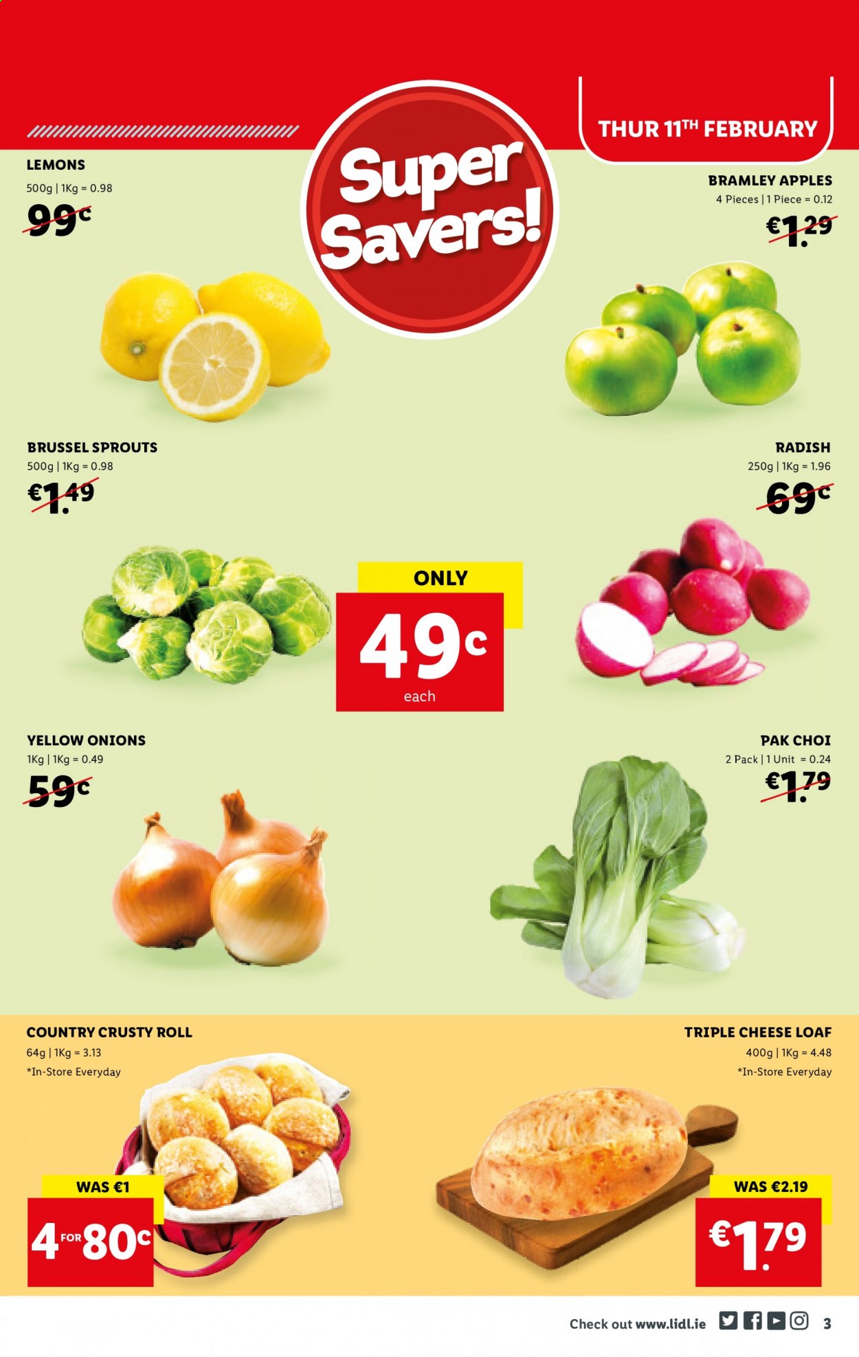 thumbnail - Lidl offer  - 11.02.2021 - 17.02.2021 - Sales products - country crusty rolls, triple cheese bread, radishes, onion, brussel sprouts, apples, lemons. Page 3.