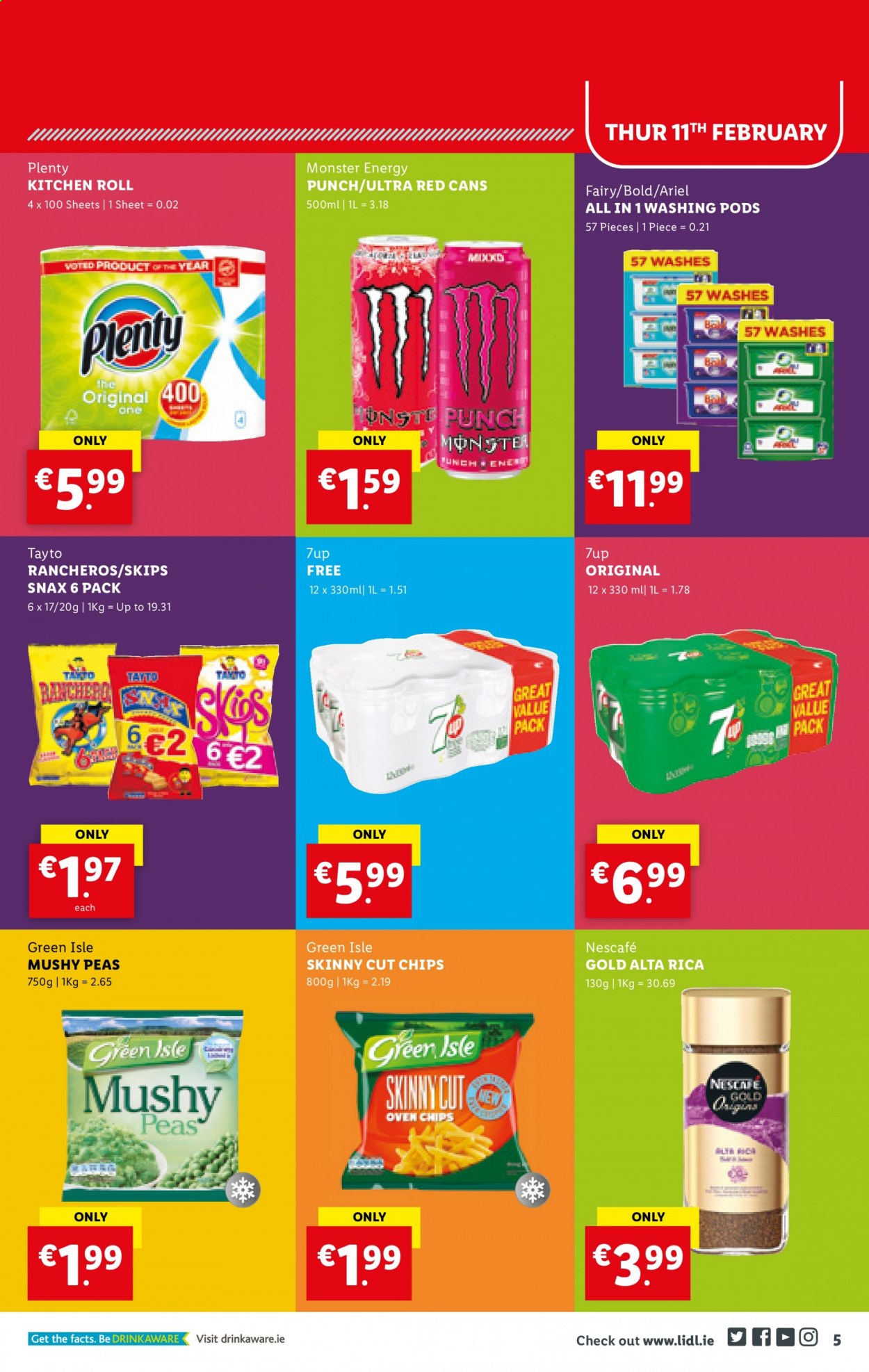 thumbnail - Lidl offer  - 11.02.2021 - 17.02.2021 - Sales products - peas, Tayto, Monster, 7UP, Monster Energy, Nescafé, punch, Plenty, Fairy, Ariel, kitchen rolls, RCA, oven. Page 5.