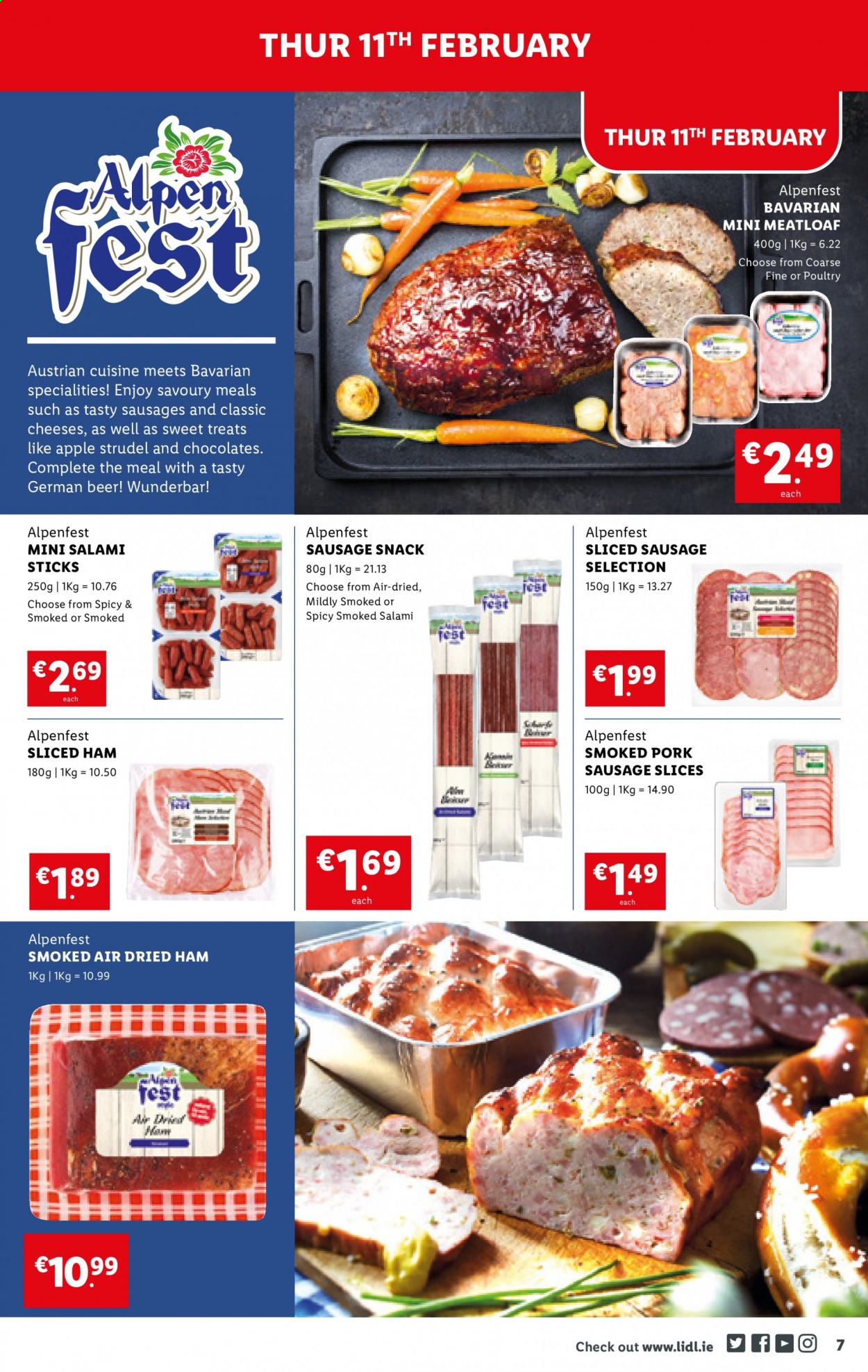 thumbnail - Lidl offer  - 11.02.2021 - 17.02.2021 - Sales products - strudel, Alpen Fest, meatloaf, salami, ham, smoked ham, sausage, sausage slices, chocolate, snack, beer, Apple. Page 7.