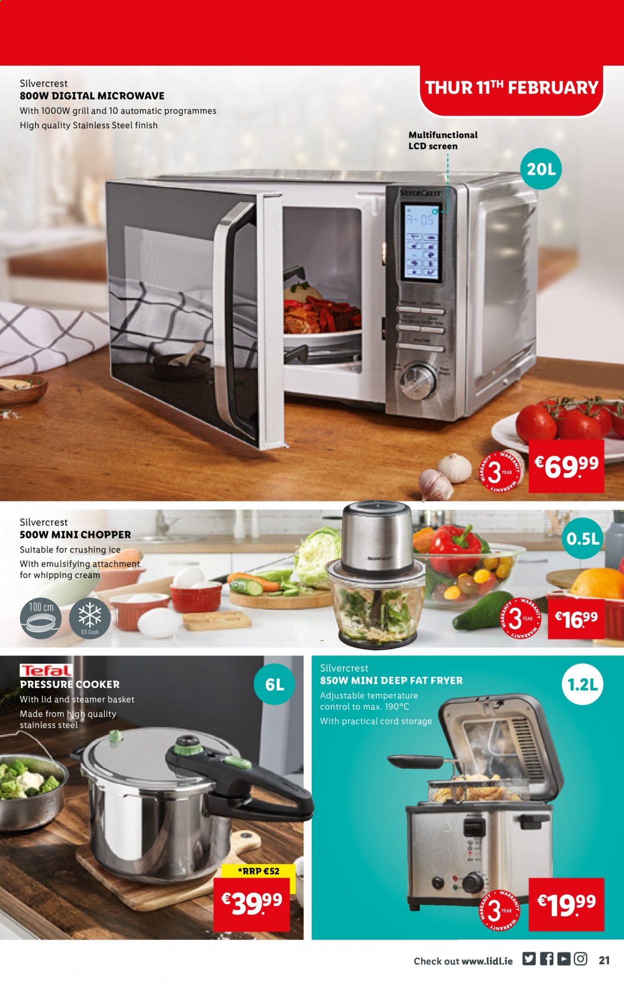 thumbnail - Lidl offer  - 11.02.2021 - 17.02.2021 - Sales products - SilverCrest, Tefal, pressure cooker, handy chopper, mini chopper, microwave, deep fryer, food steamer. Page 21.